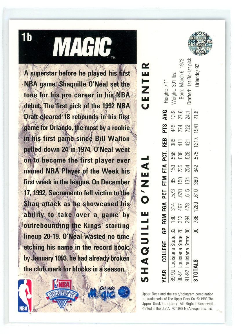 1992-93 Upper Deck #1b Shaquille O'Neal