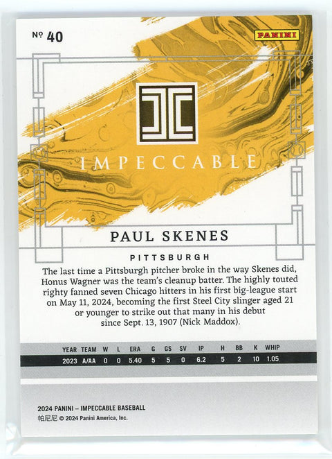 2024 Panini Impeccable #40 Paul Skenes Rookie Yellow /30