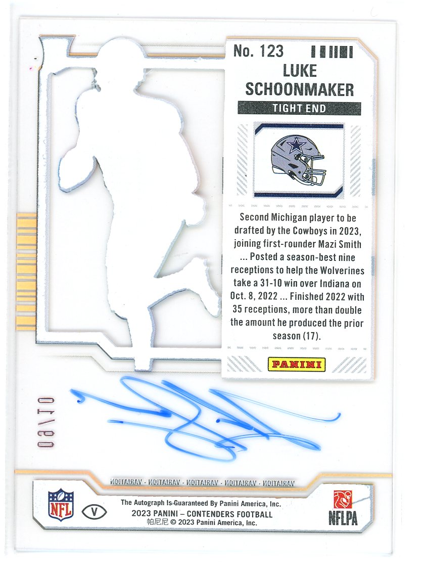 2023 Panini Contenders #123 Luke Schoonmaker Season Ticket Clear Variation /10