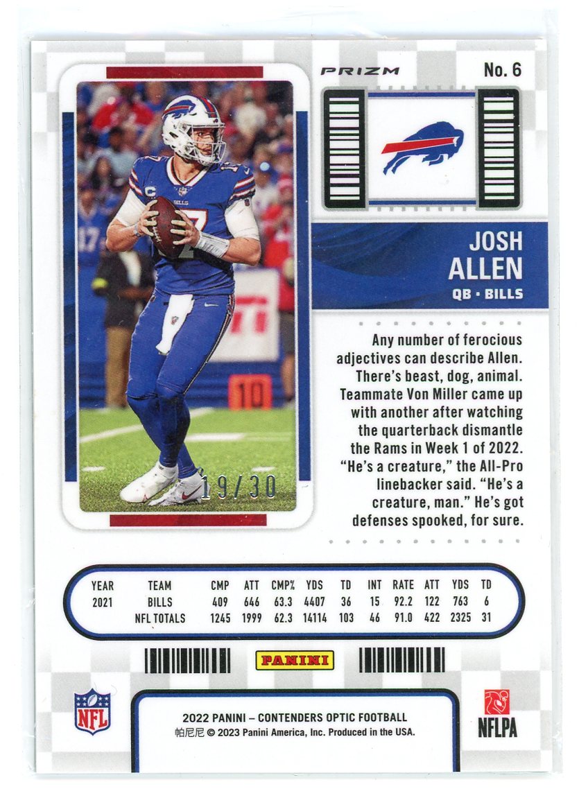 2022 Panini Contenders Optic #6 Josh Allen Season Ticket Green Pulsar Prizm /30