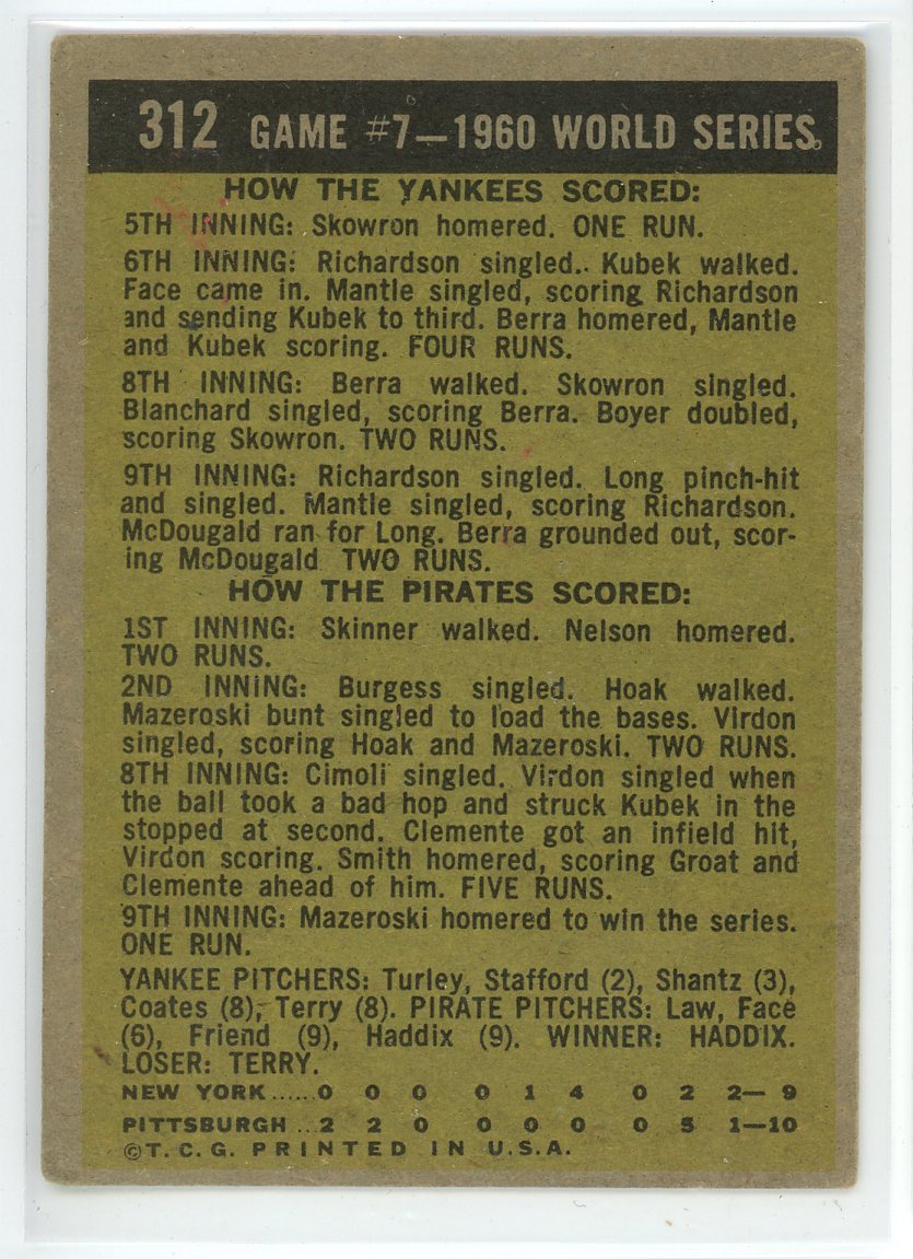 1961 Topps #312 1960 World Series Game #7 - Mazeroski's Homer Wins It!