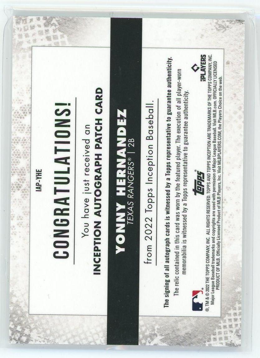2022 Topps Inception #IAP-YHE Yonny Hernandez Magenta Patch Auto /75