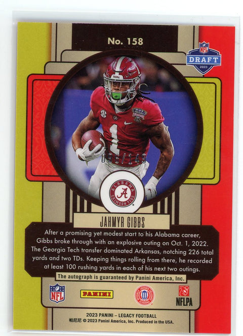 2023 Panini Legacy #158 Jahmyr Gibbs Orange Rookie Auto /149