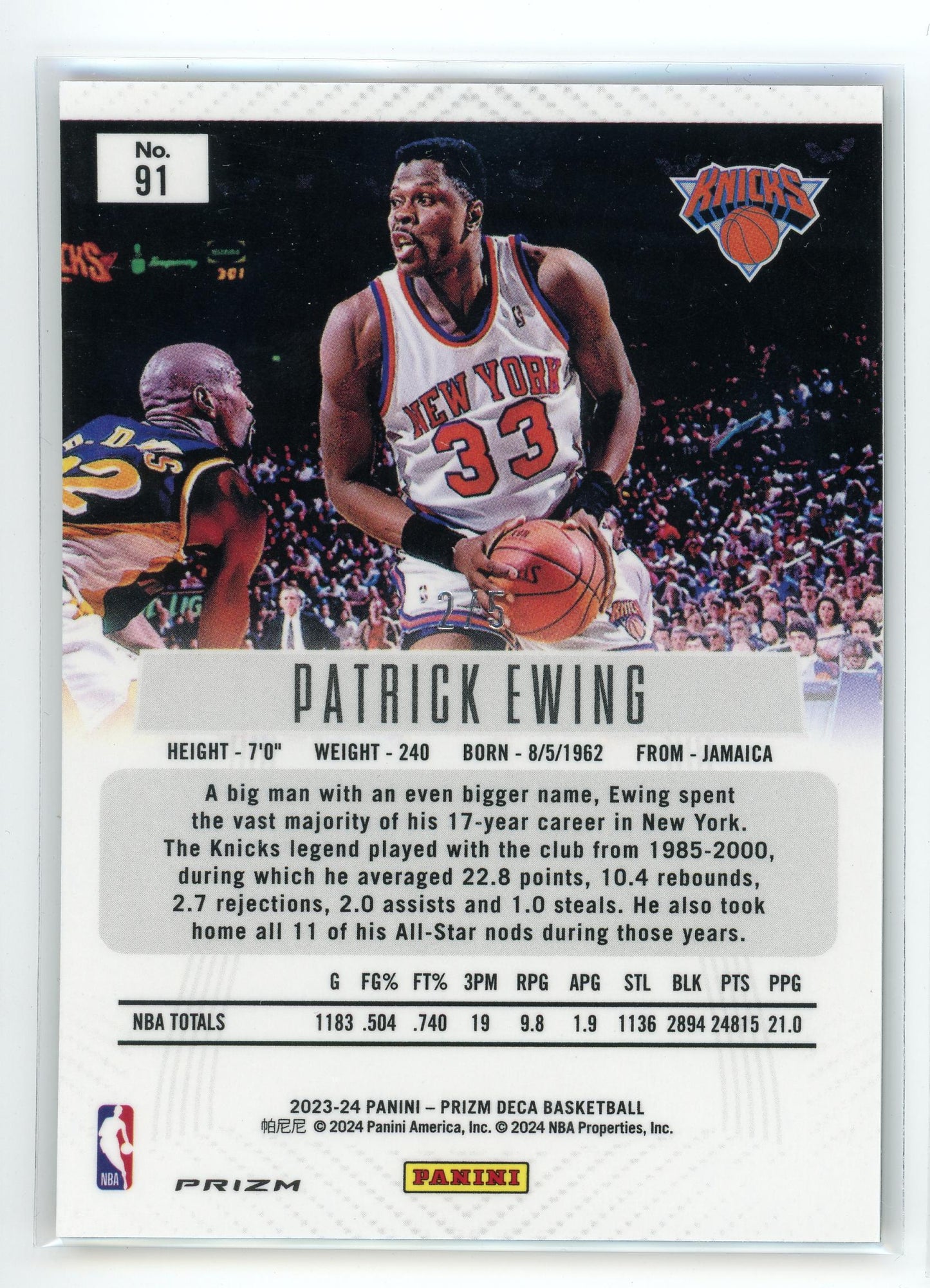 2023-24 Panini Deca #91 Patrick Ewing Black Gold Prizm /5
