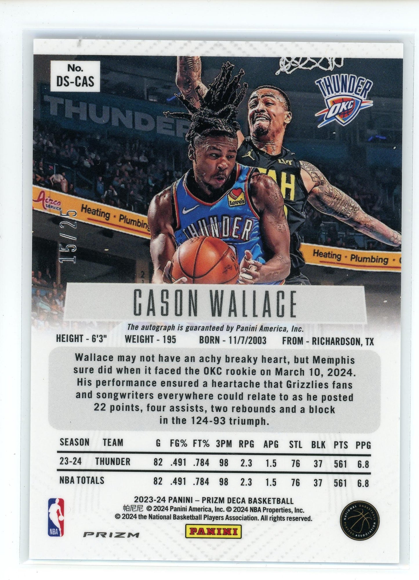 2023-24 Panini Prizm Deca #DS-CAS Cason Wallace Mojo Refractor Rookie Auto /25