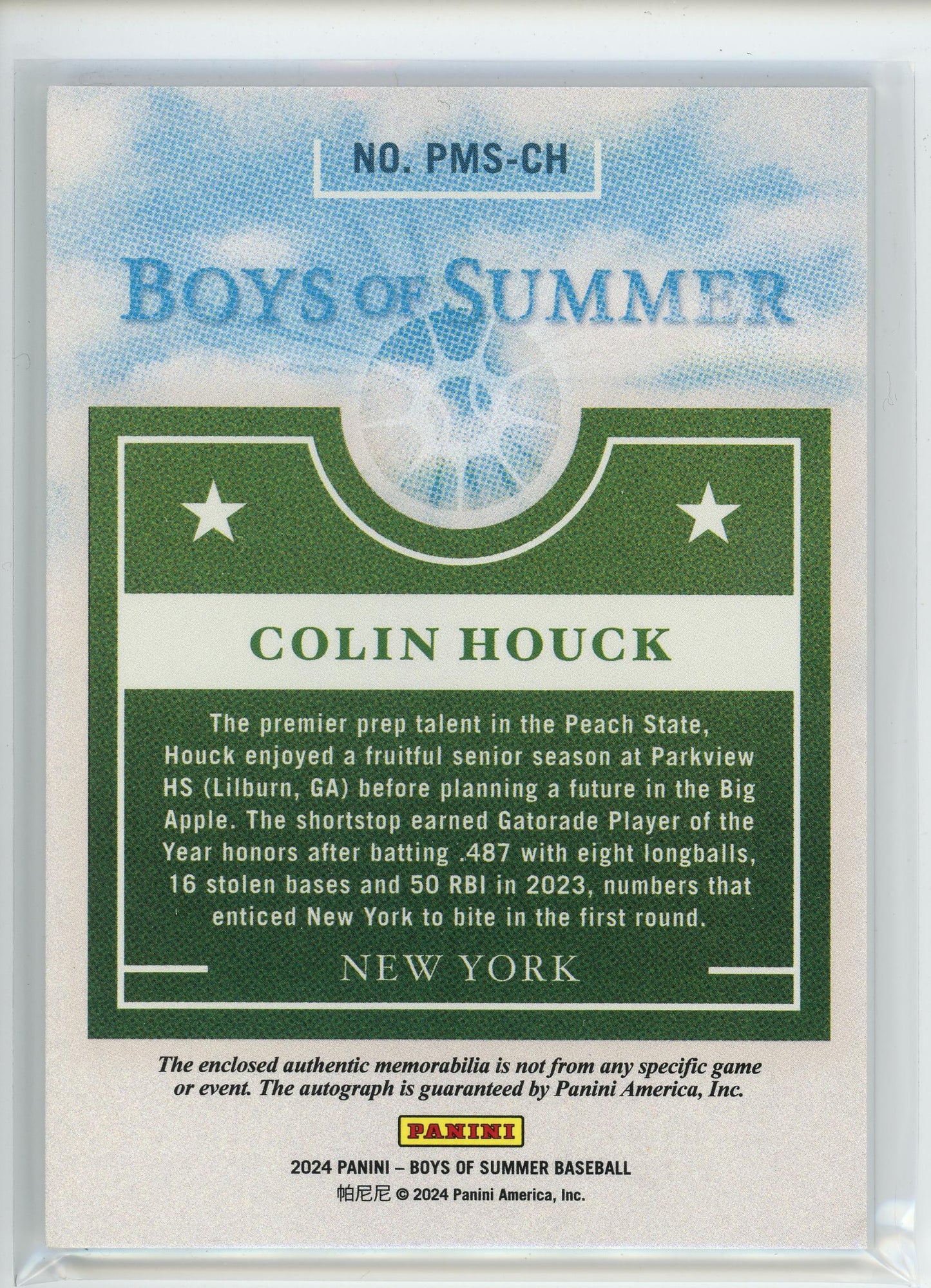 2024 Panini Boys Of Summer #PMS-CH Colin Houck Patch Auto /25