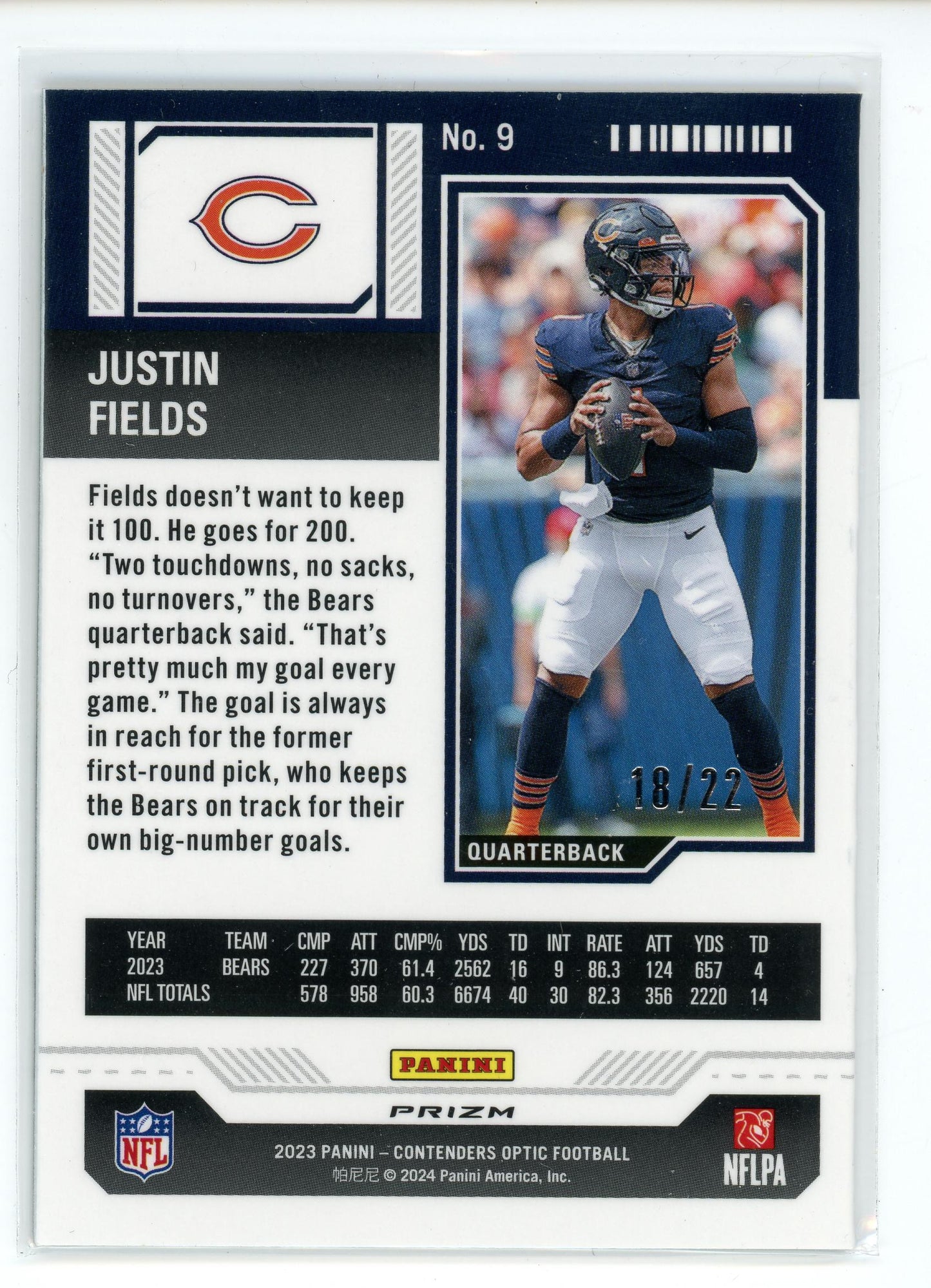 2023 Panini Contenders Optic #9 Justin Fields Season Ticket Cracked Ice /22