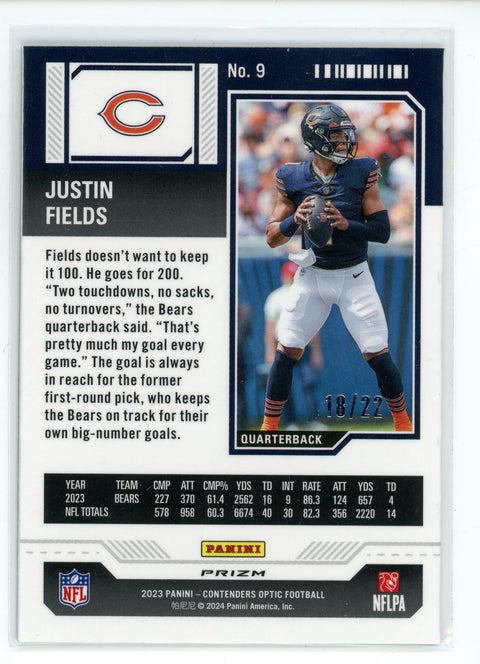 2023 Panini Contenders Optic #9 Justin Fields Season Ticket Cracked Ice /22