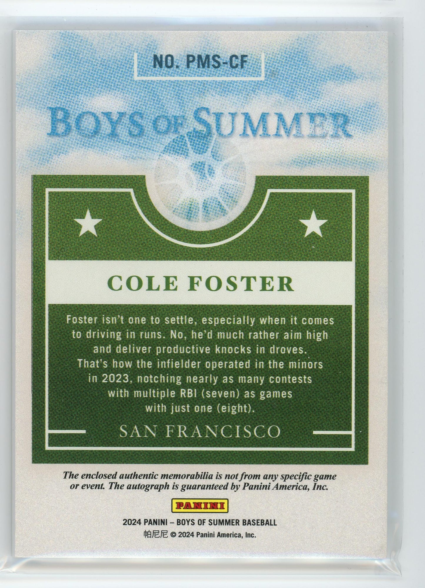 2024 Panini Boys of Summer #PMS-CF Cole Foster Patch Auto Red #/49