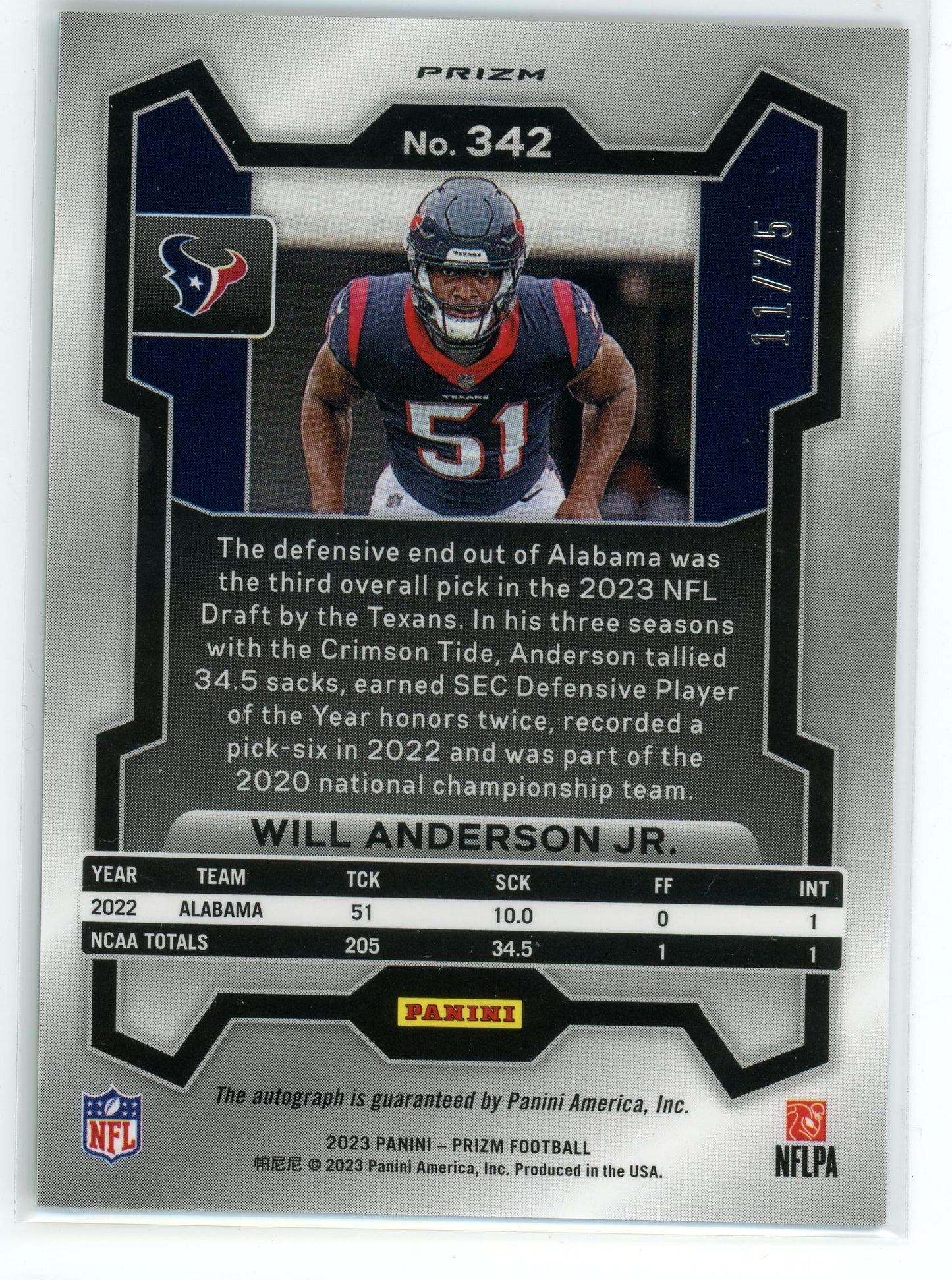 2023 Panini Prizm #342 Will Anderson Jr. Green Scope #/75