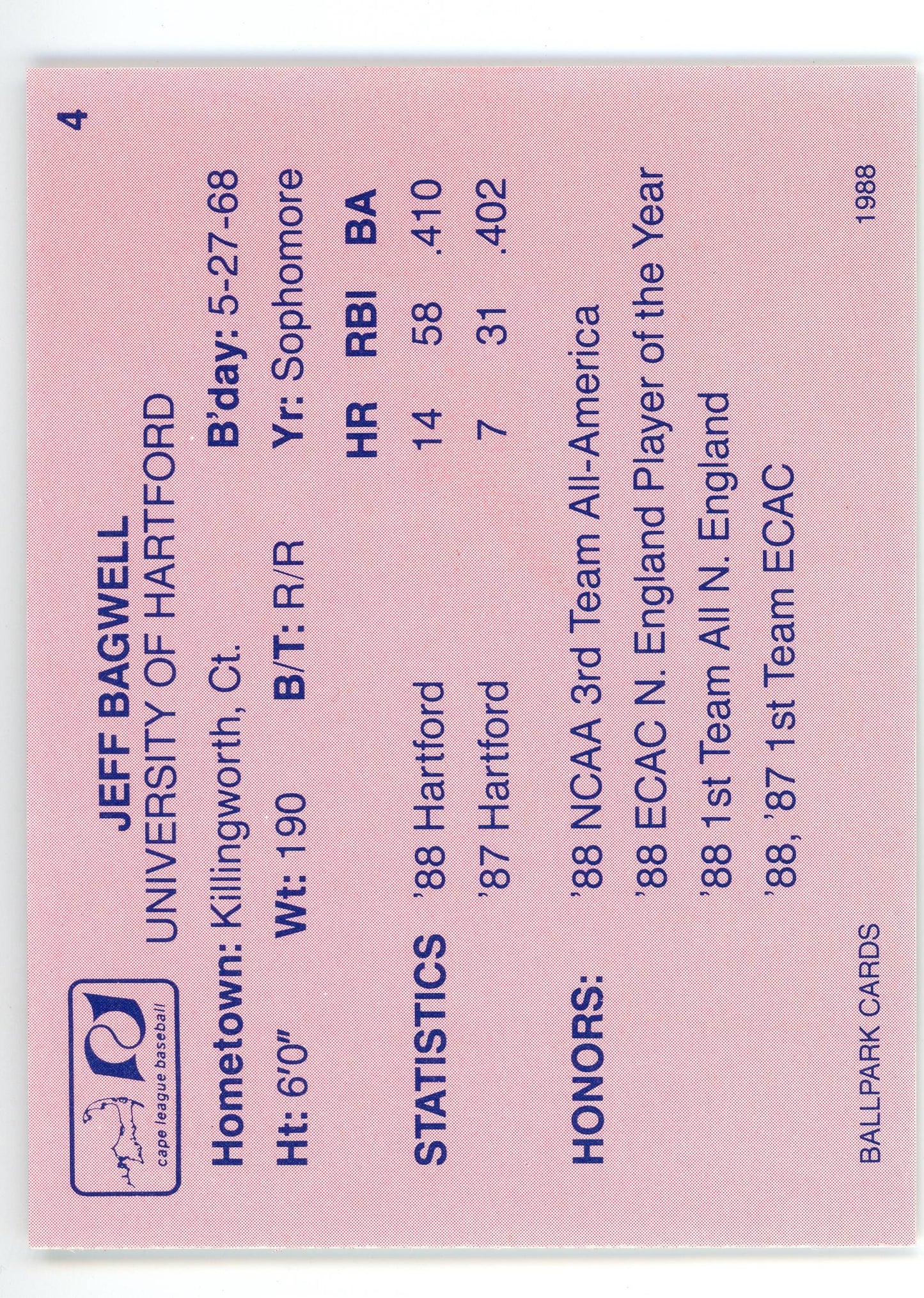 1988 Ballpark Cape Cod League Prospects #4 Jeff Bagwell