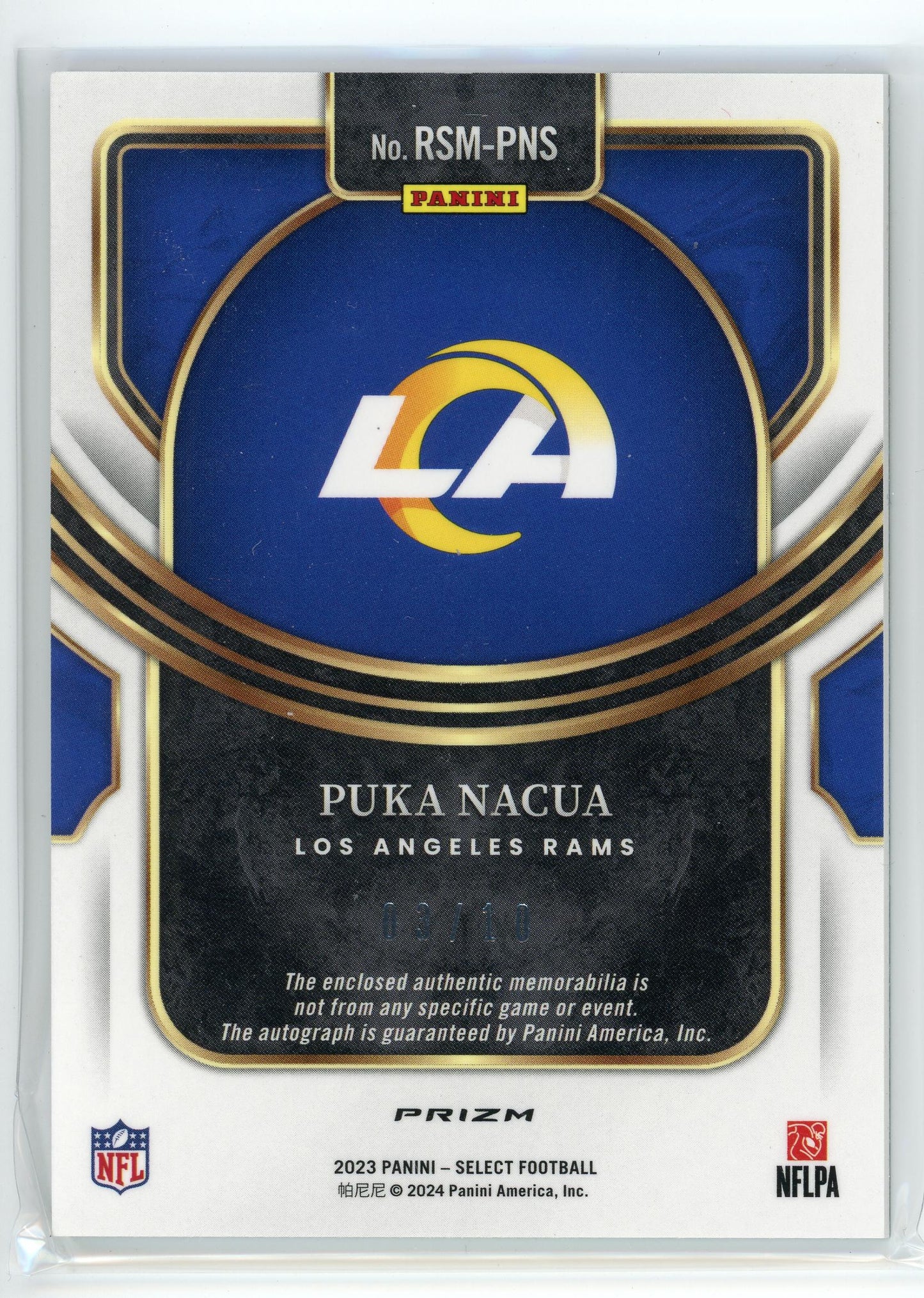 2023 Panini Select #RSM-PNS Puka Nacua Gold Disco Prizm Patch Auto /10