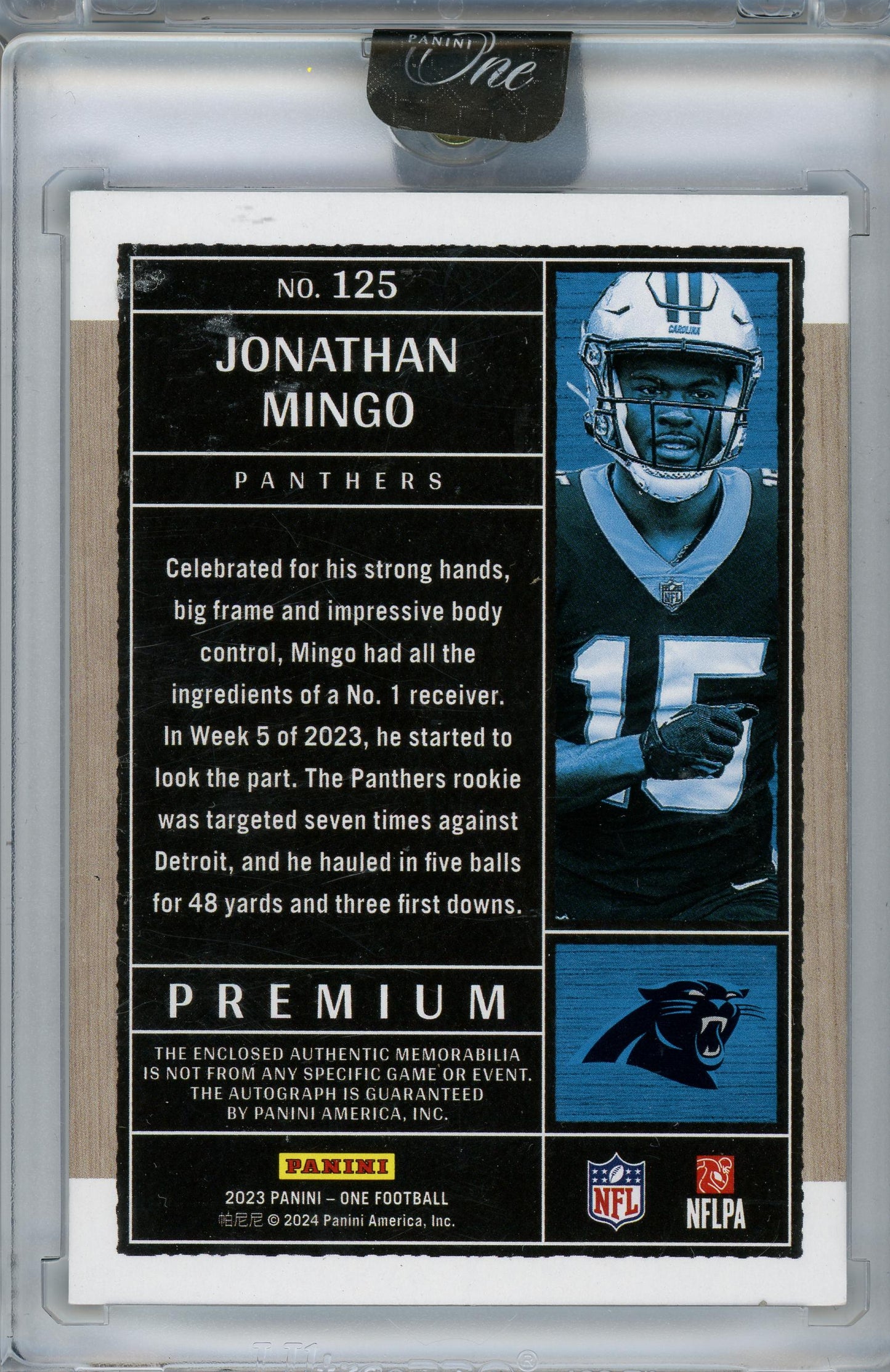 2023 Panini One #125 Jonathan Mingo Premium Patch Auto /10