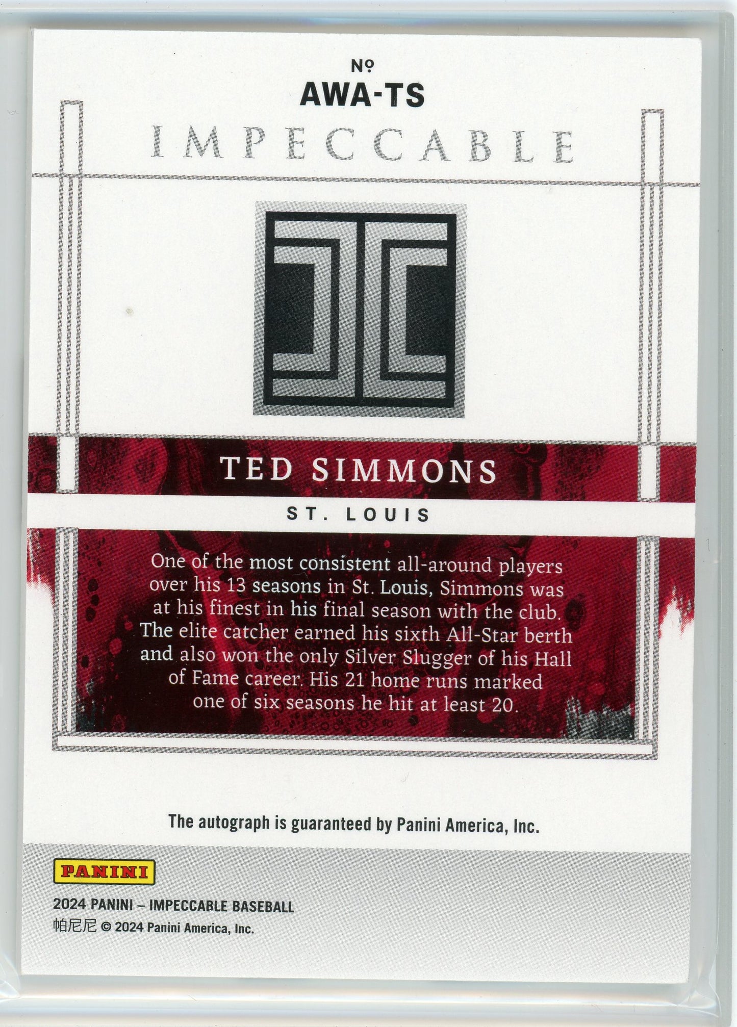 2024 Panini Impeccable #AWA-TS Ted Simmons Award Winning Auto