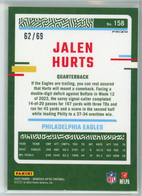 2023 Donruss Optic #158 Jalen Hurts Electricity Prizm /69