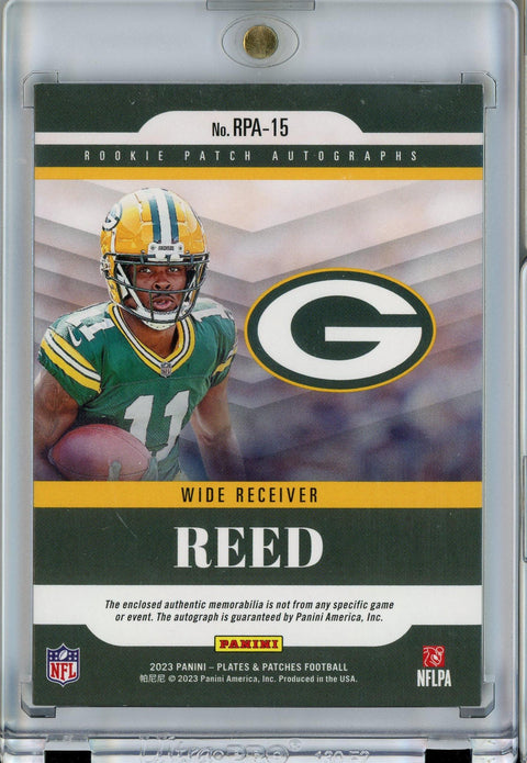 2023 Panini Plates & Patches #RPA-15 Jayden Reed Rookie Patch Auto Blue /50