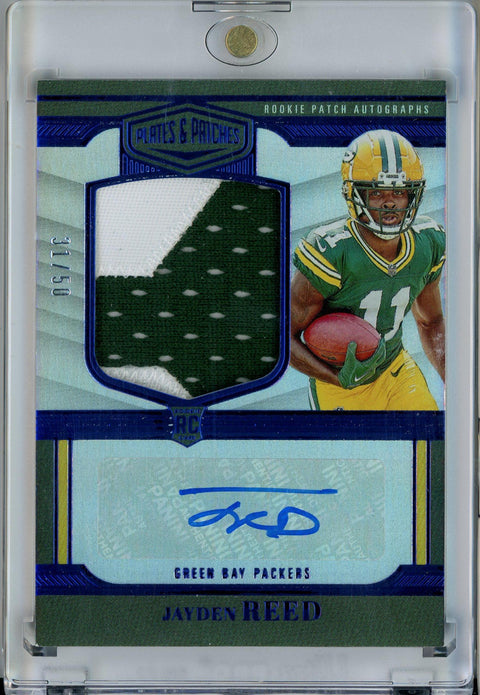 2023 Panini Plates & Patches #RPA-15 Jayden Reed Rookie Patch Auto Blue /50