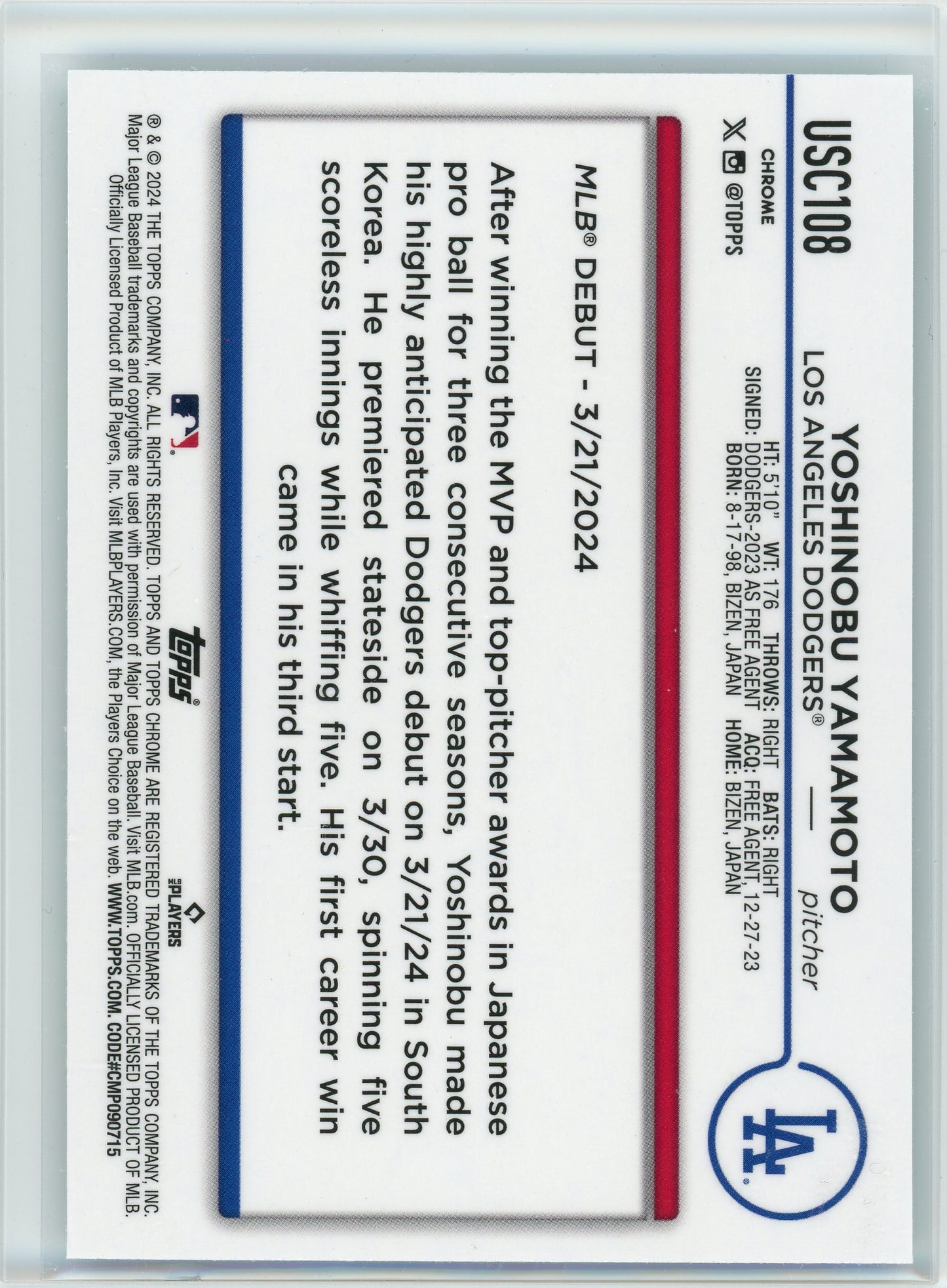 2024 Topps Chrome Update #USC108 Yoshinobu Yamamoto Blue Lava Lamp Refractors /175