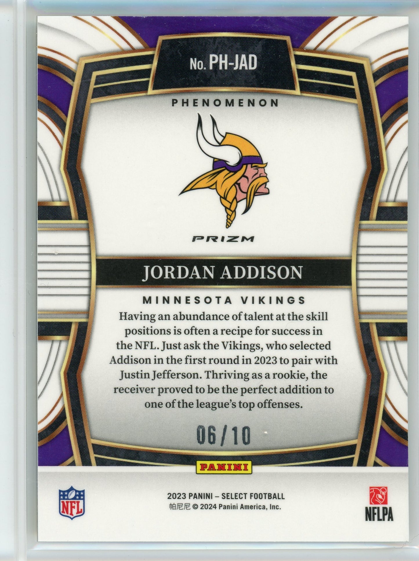 2023 Panini Select #PH-JAD Jordan Addison Phenomenon Purple Yellow Laser /10