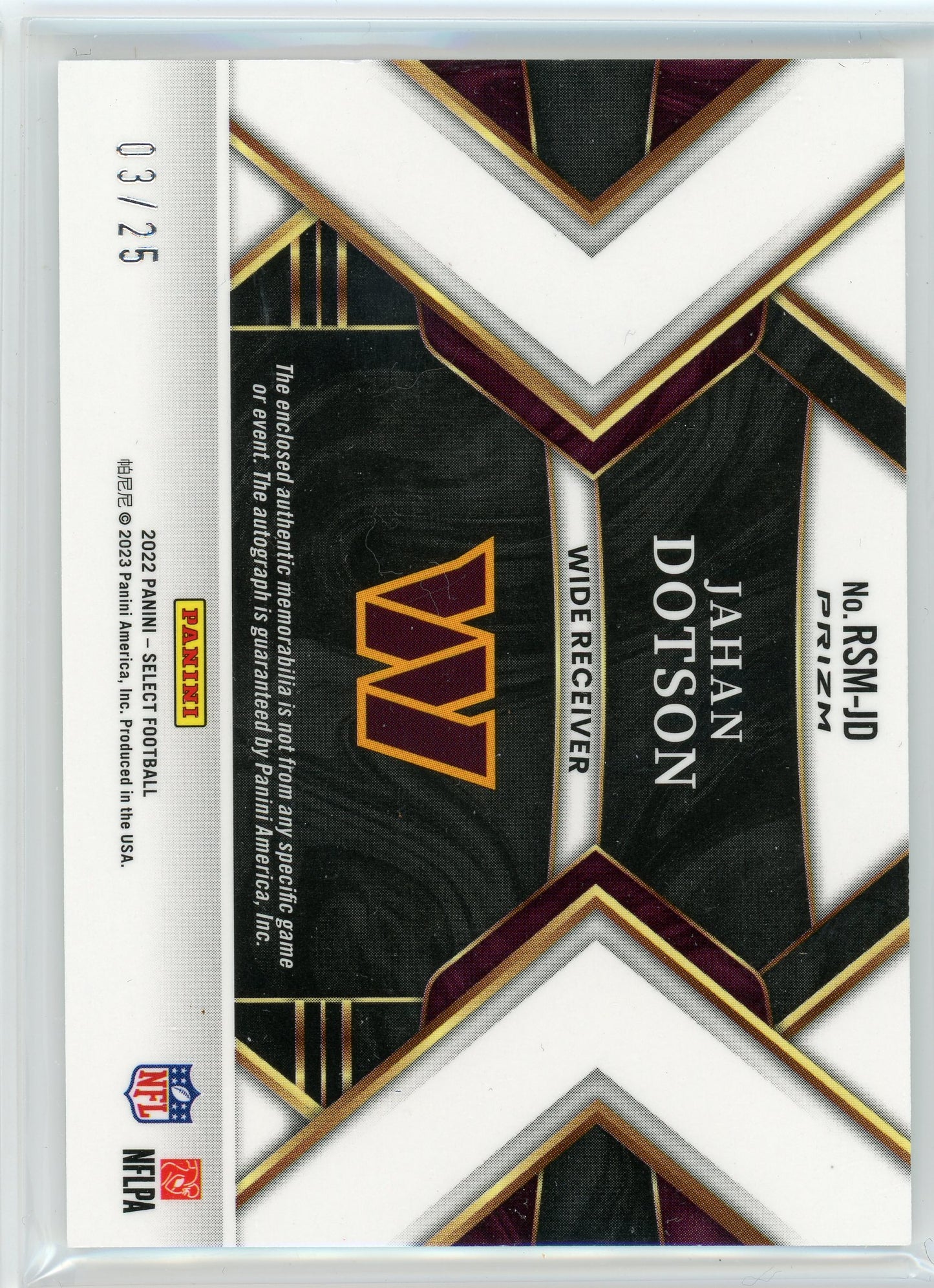 2022 Panini Select #RSM-JD Jahan Dotson No Huddle Prizm Rookie Auto /25