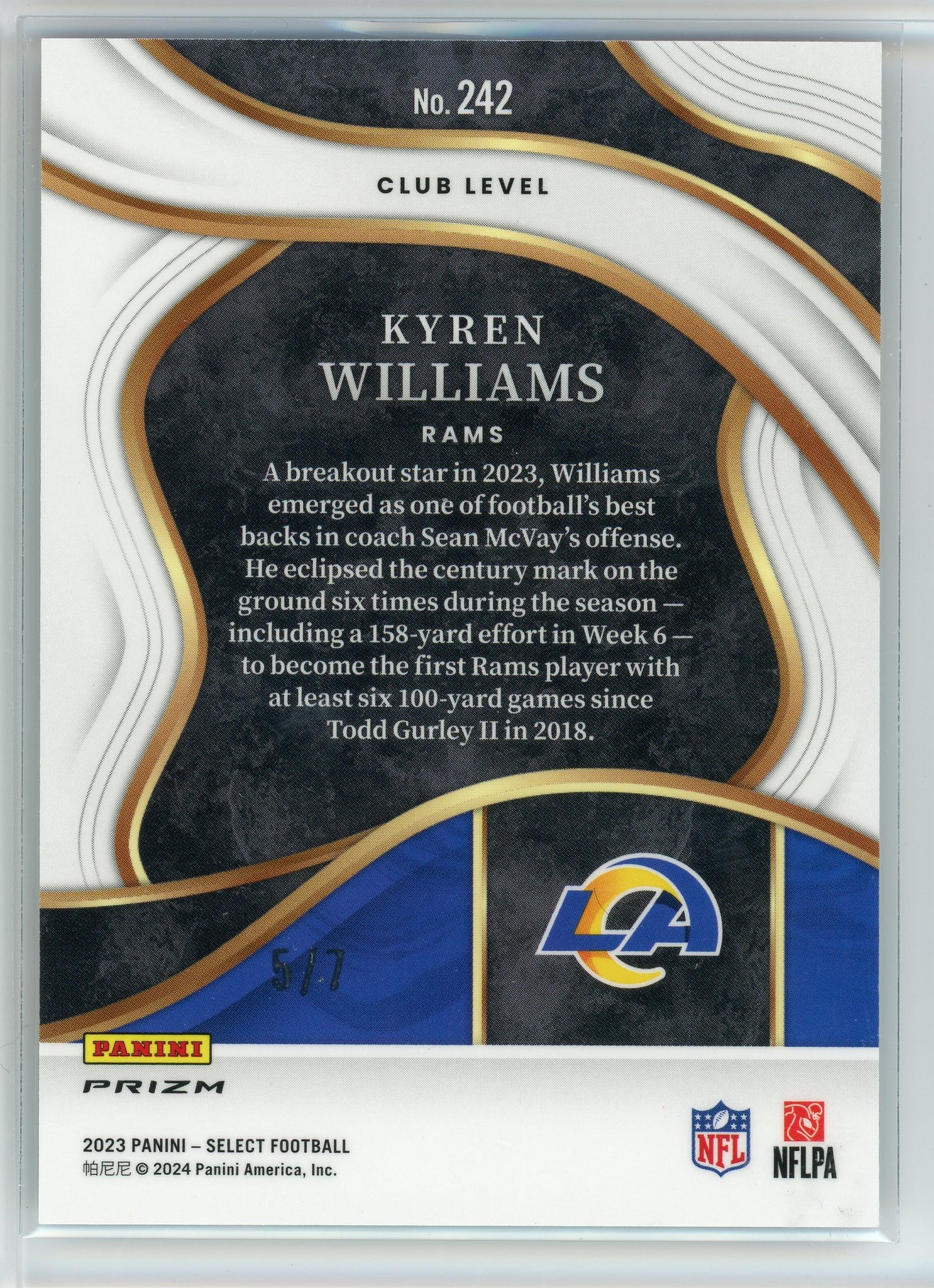 2023 Panini Select #242 Kyren Williams Club Level Neon Orange Puslar Prizm /7