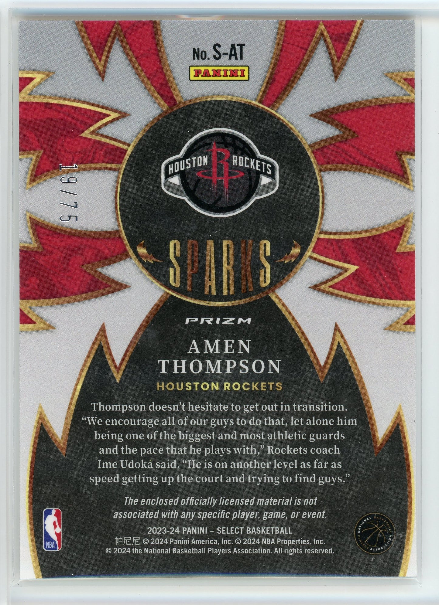 2023-24 Panini Select #S-AT Amen Thompson Blue Sparks Rookie Patch Auto /75