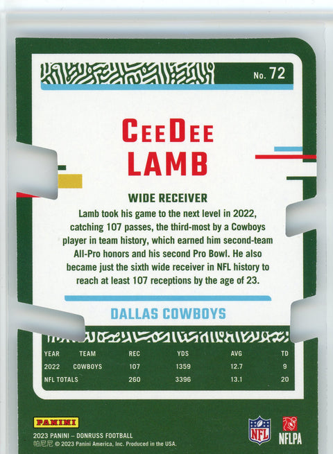 2023 Donruss Optic #72 CeeDee Lamb Press Proof Silver Die Cut