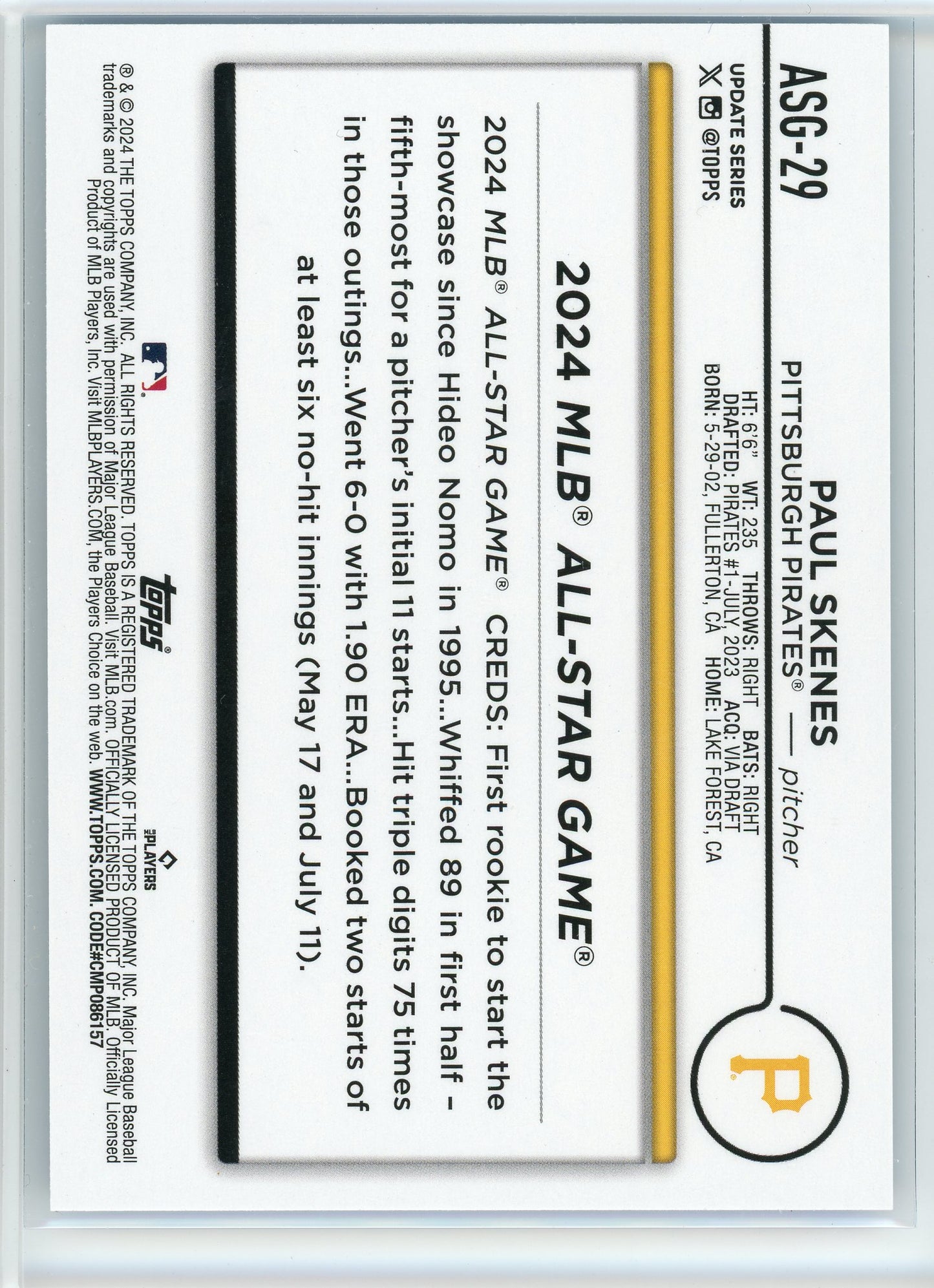 2024 Topps Update #ASG-29 Paul Skenes 2024 All-Star Game Blue