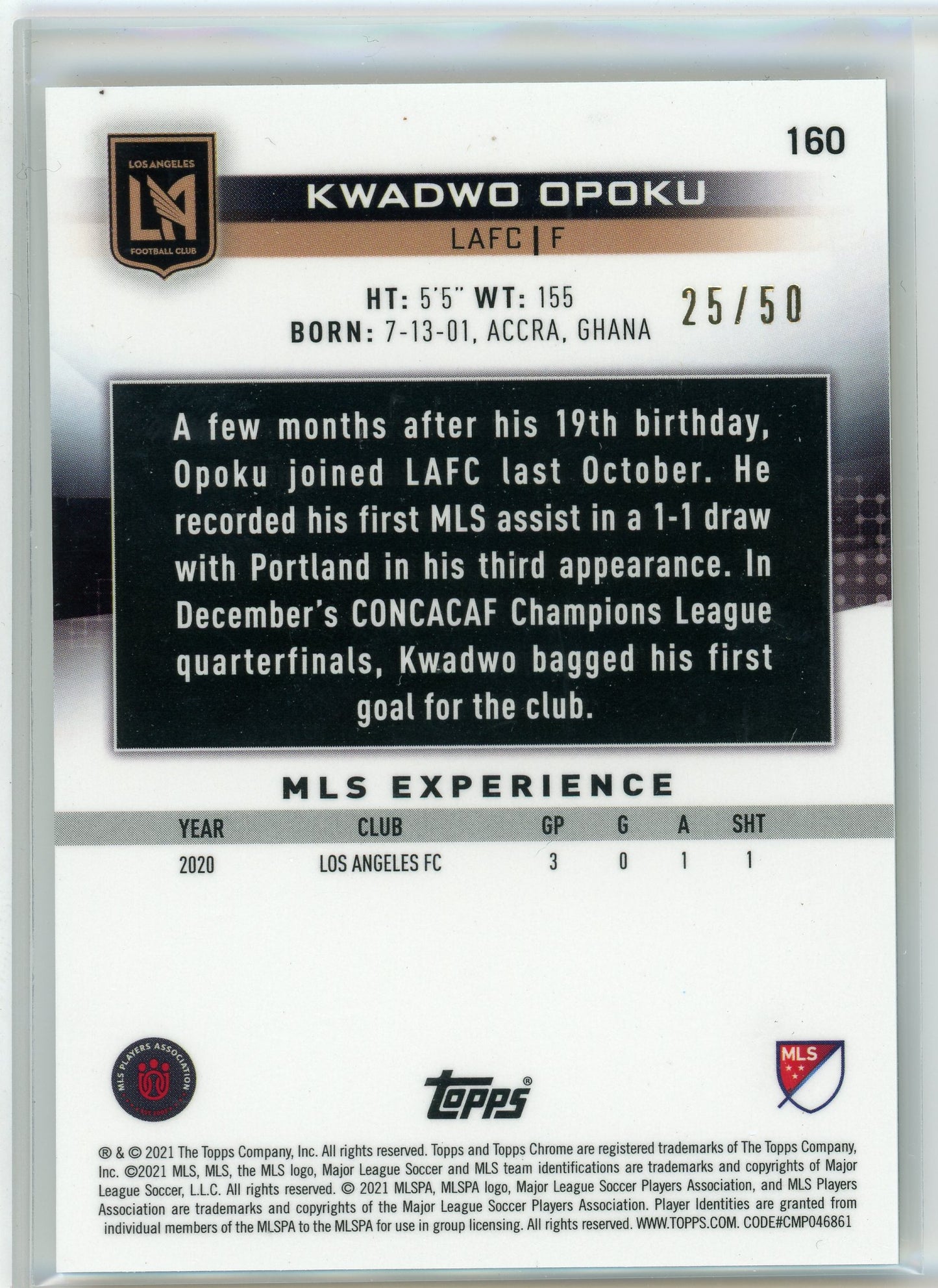 2021 Topps Chrome #160 Kwaswo Opoku Gold Parallel /50