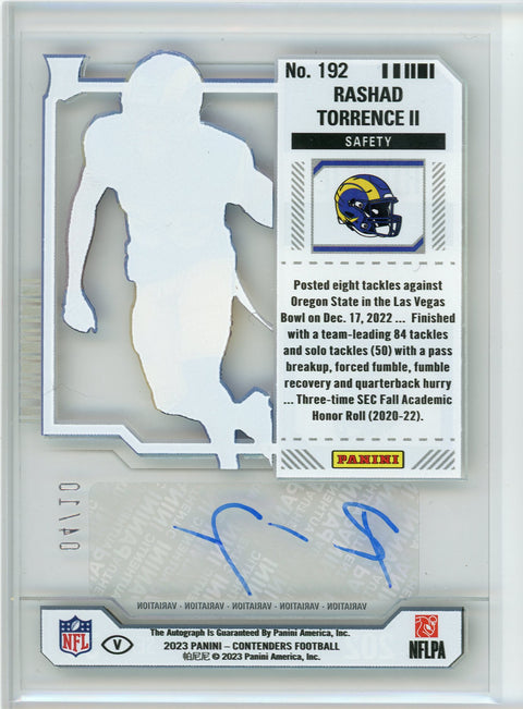 2023 Panini Contenders #192 Rashad Torrence ii Rookie Ticket Clear Gold Auto /10
