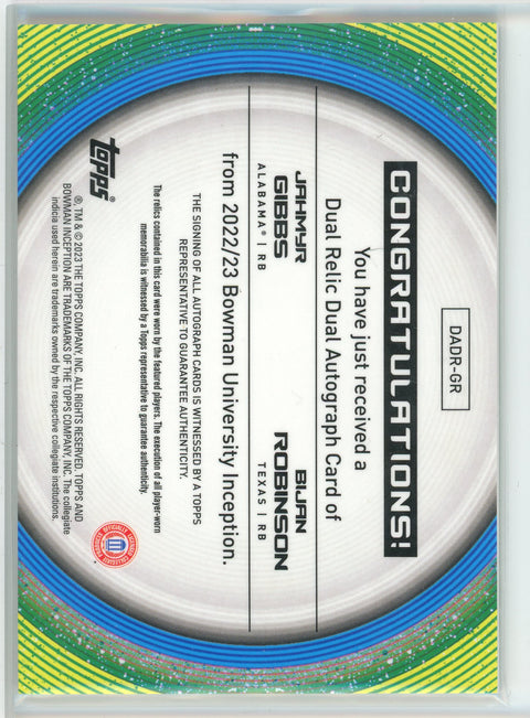 2023 Bowman Inception #DADR-GR Jahmyr Gibbs/Bijan Robinson Dual Relic Auto /99
