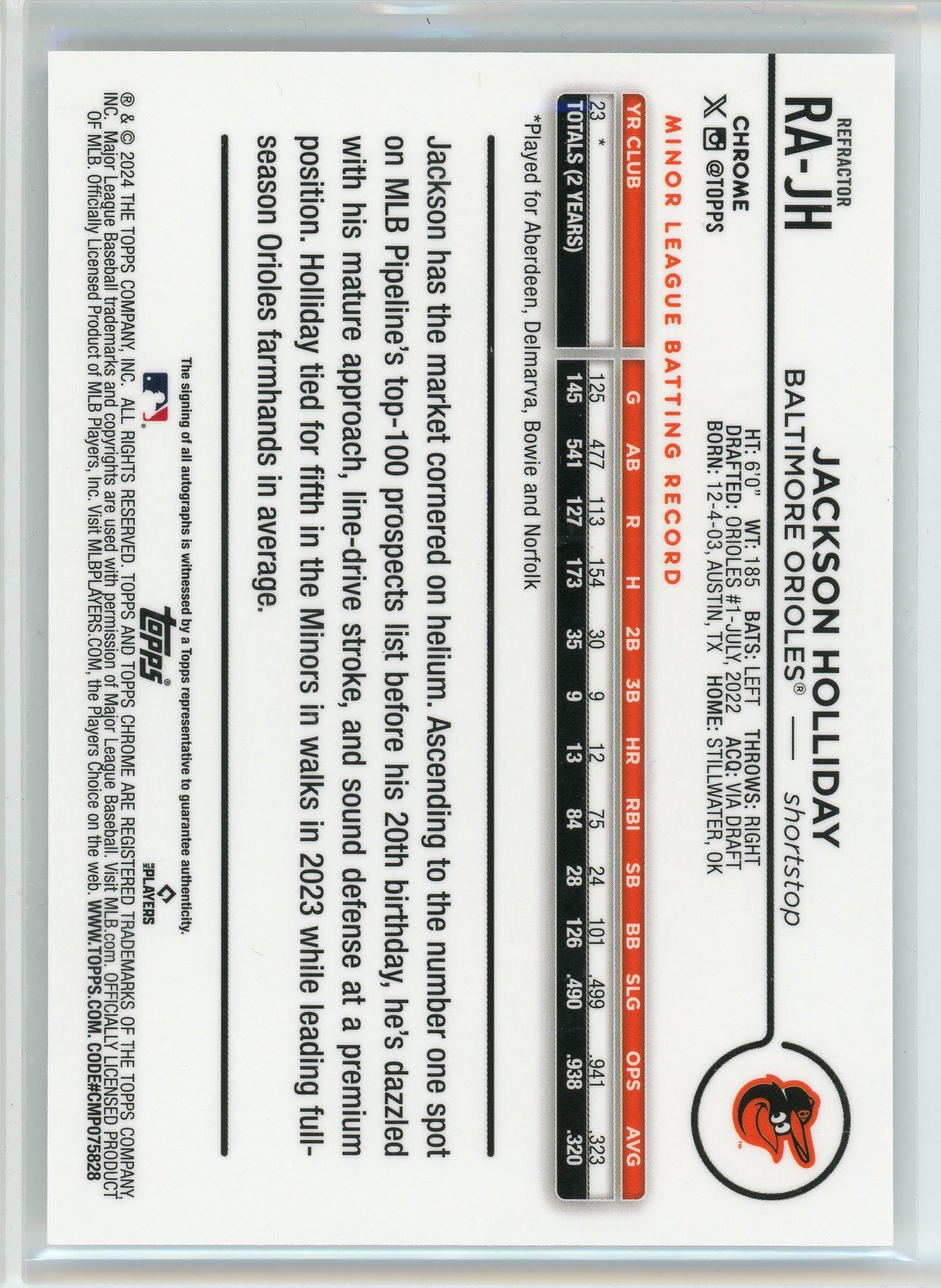 2024 Topps Chrome #RA-JH Jackson Holliday Rookie Autographs /499