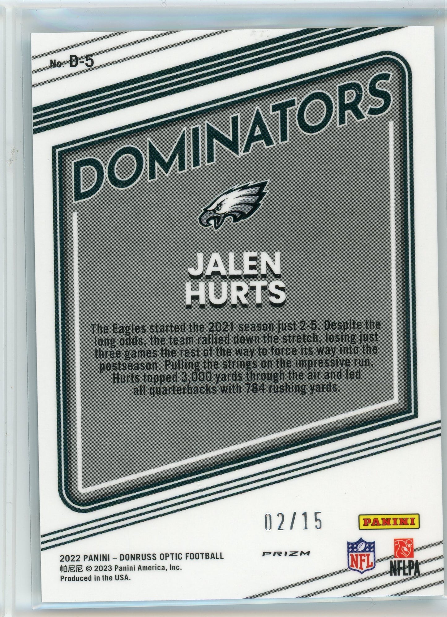 2022 Donruss Optic #B-5 Jalen Hurts Dominators Cracked Ice /15