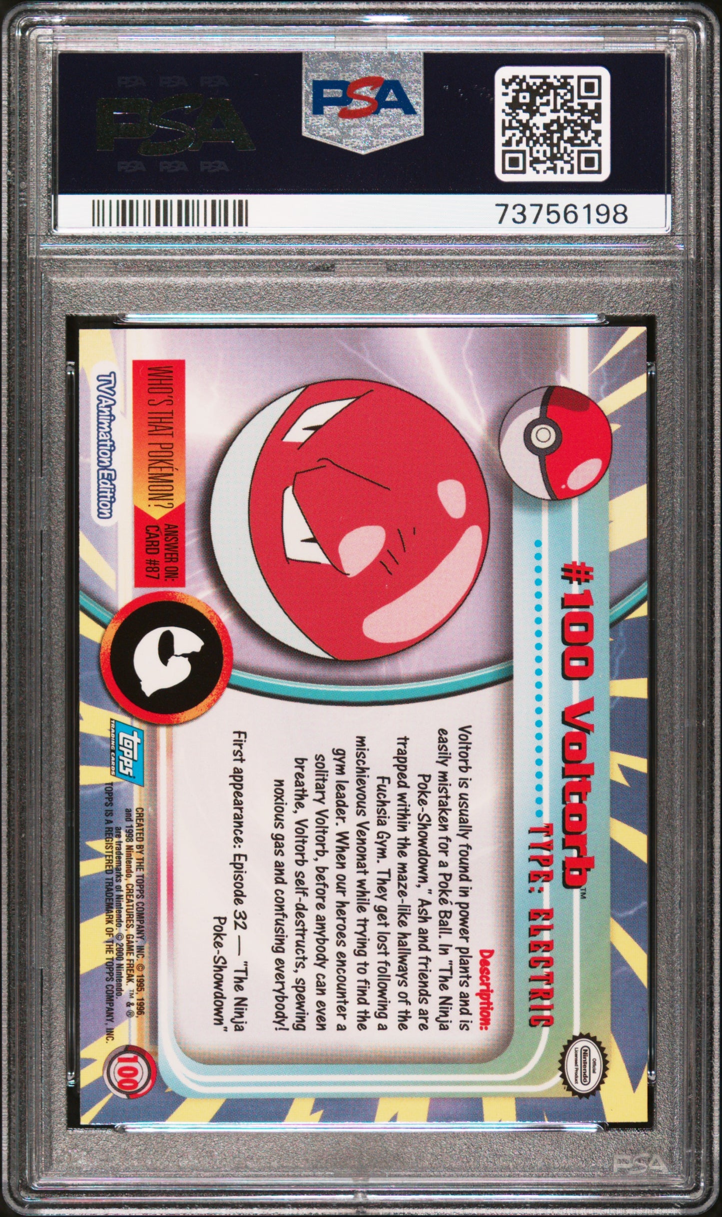 2000 Topps Pokemon Tv Animation Series 2 #100 Voltorb Animation Series 2 PSA 9