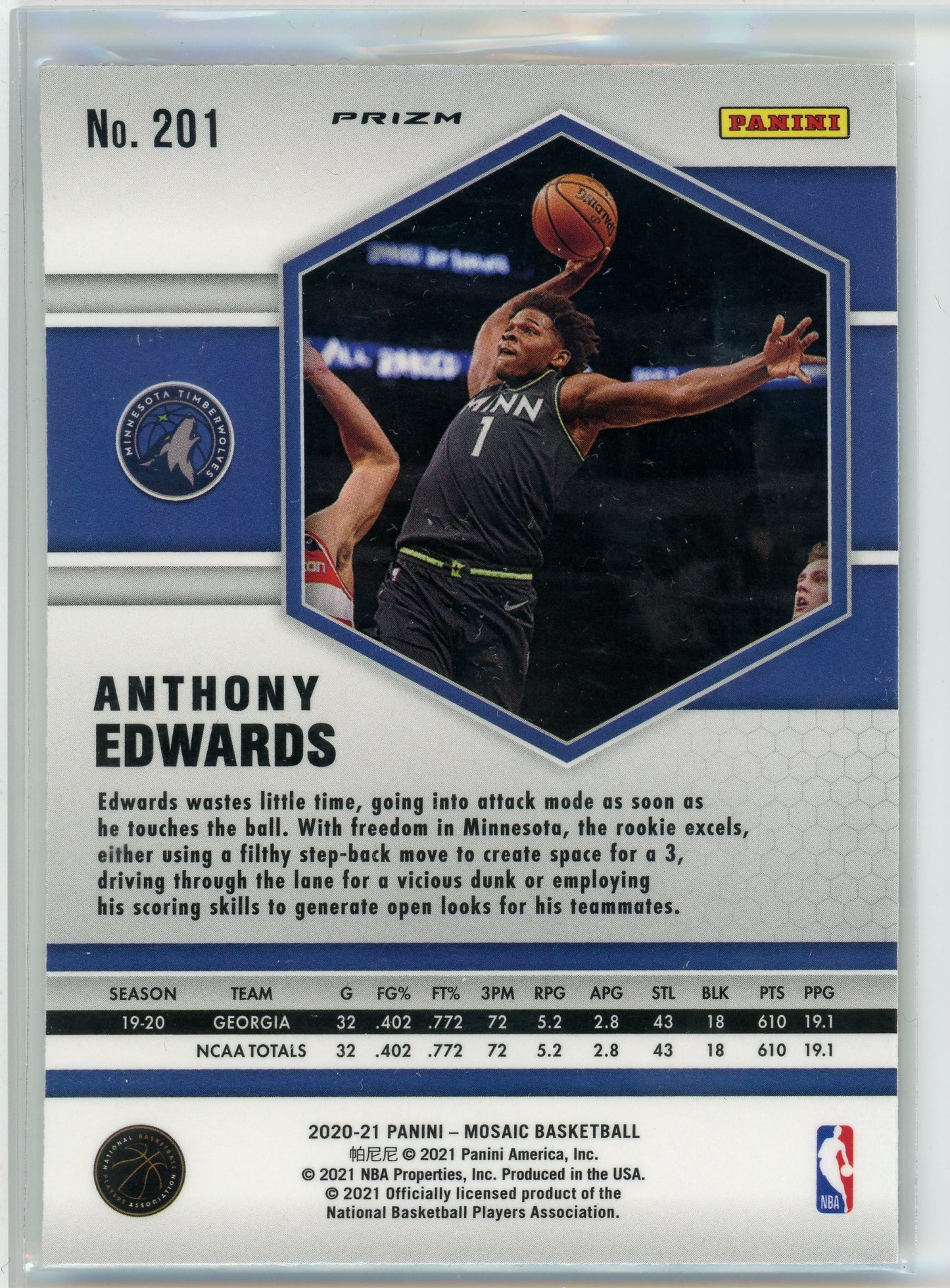 2020-21 Panini Mosaic #201 Anthony Edwards Mosaic Reactive Yellow