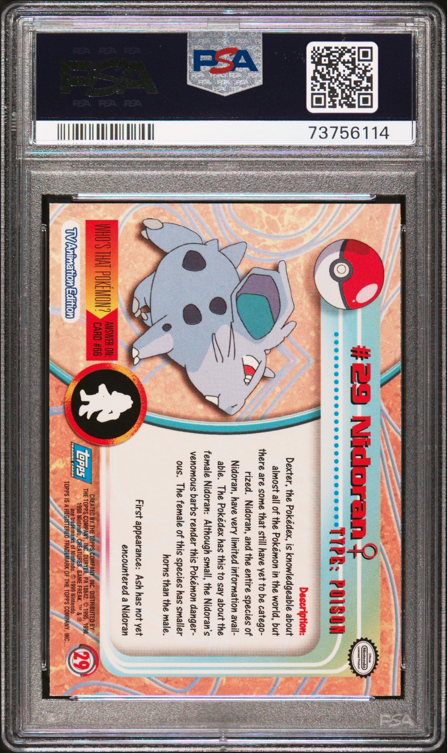 1999 Topps Pokemon Tv #29 Nidoran PSA 9