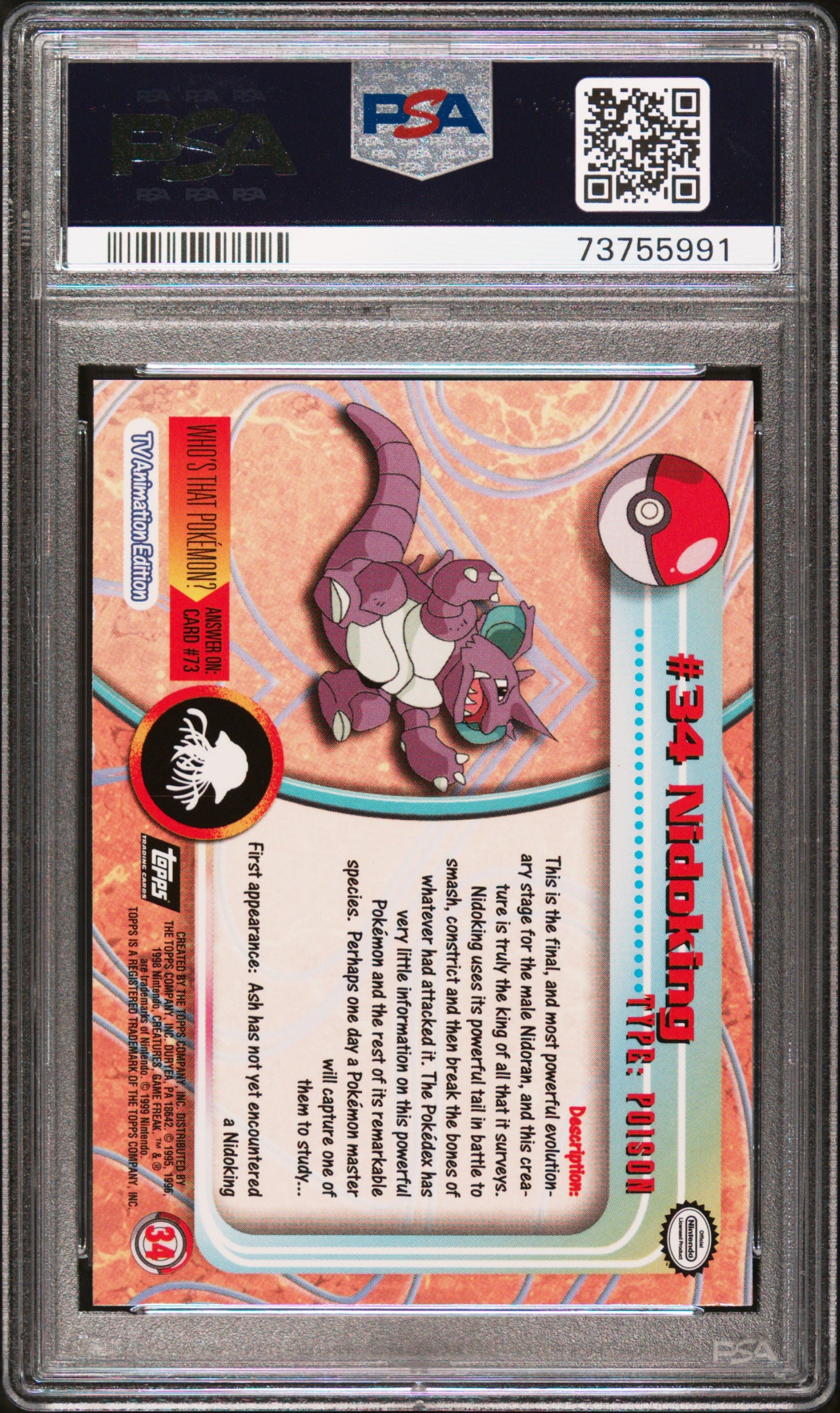 1999 Topps Pokemon Tv #34 Nidoking PSA 8
