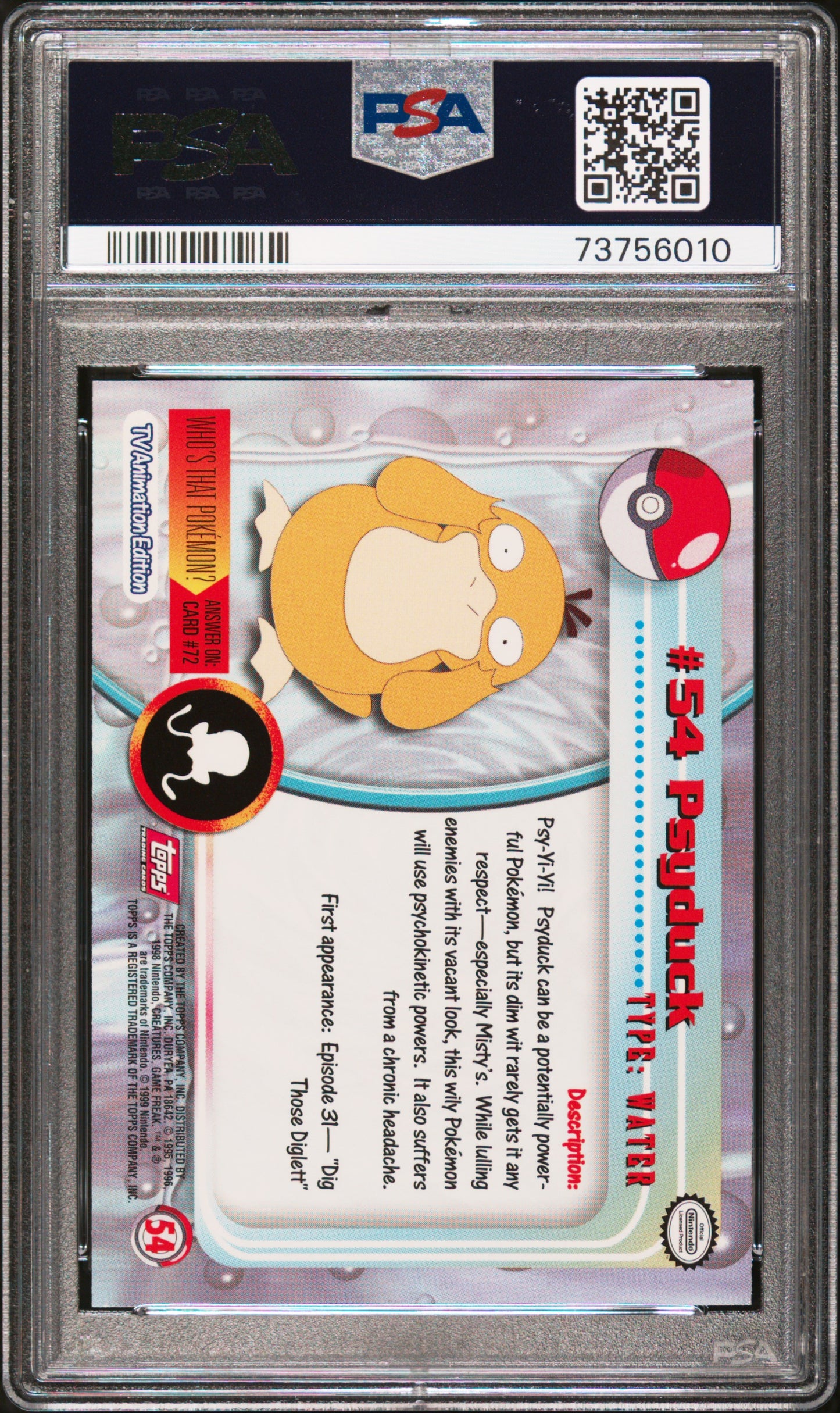 1999 Topps Pokemon Tv #54 Psyduck PSA 9