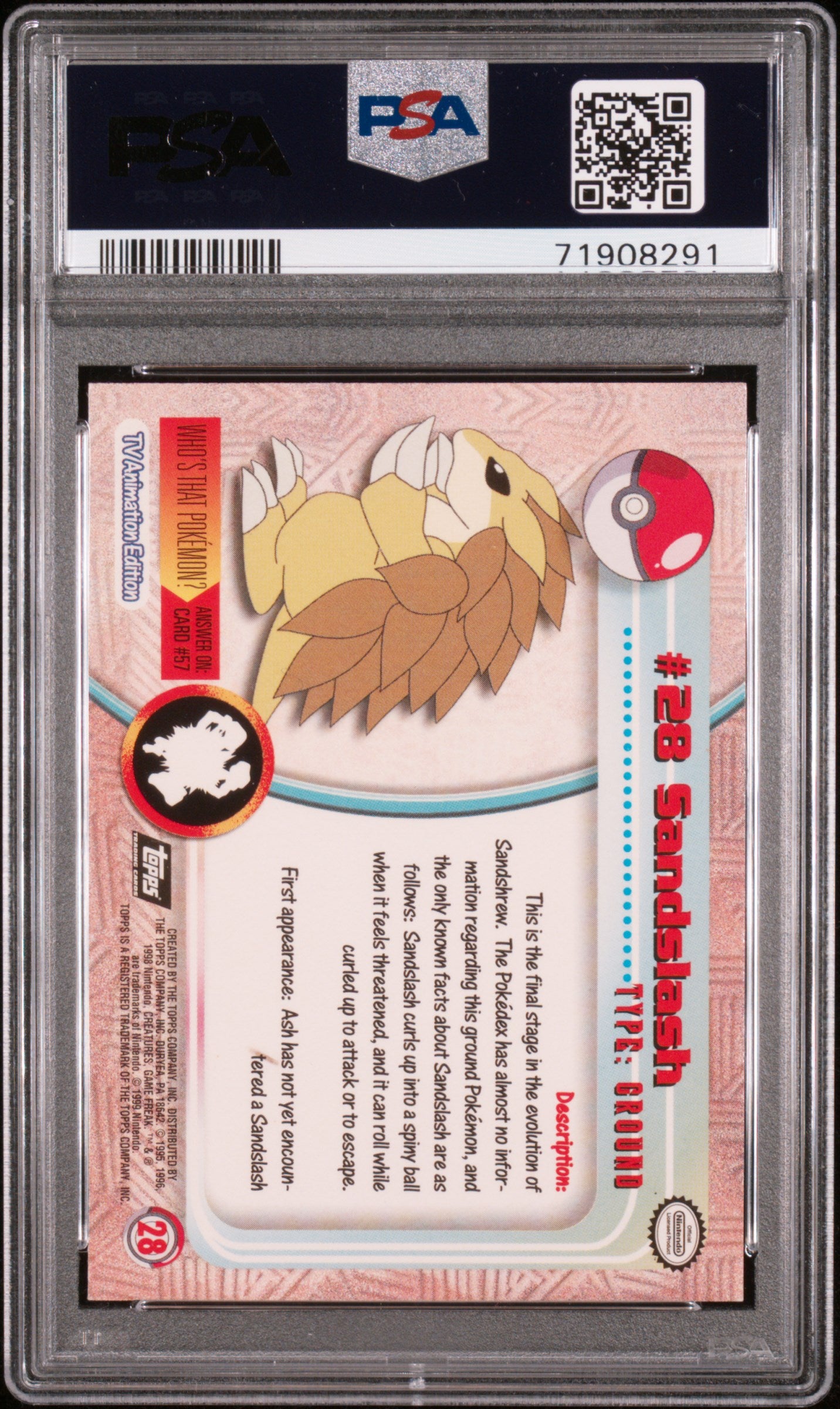 1999 Topps Pokemon Tv #28 Sandslash Foil PSA 8