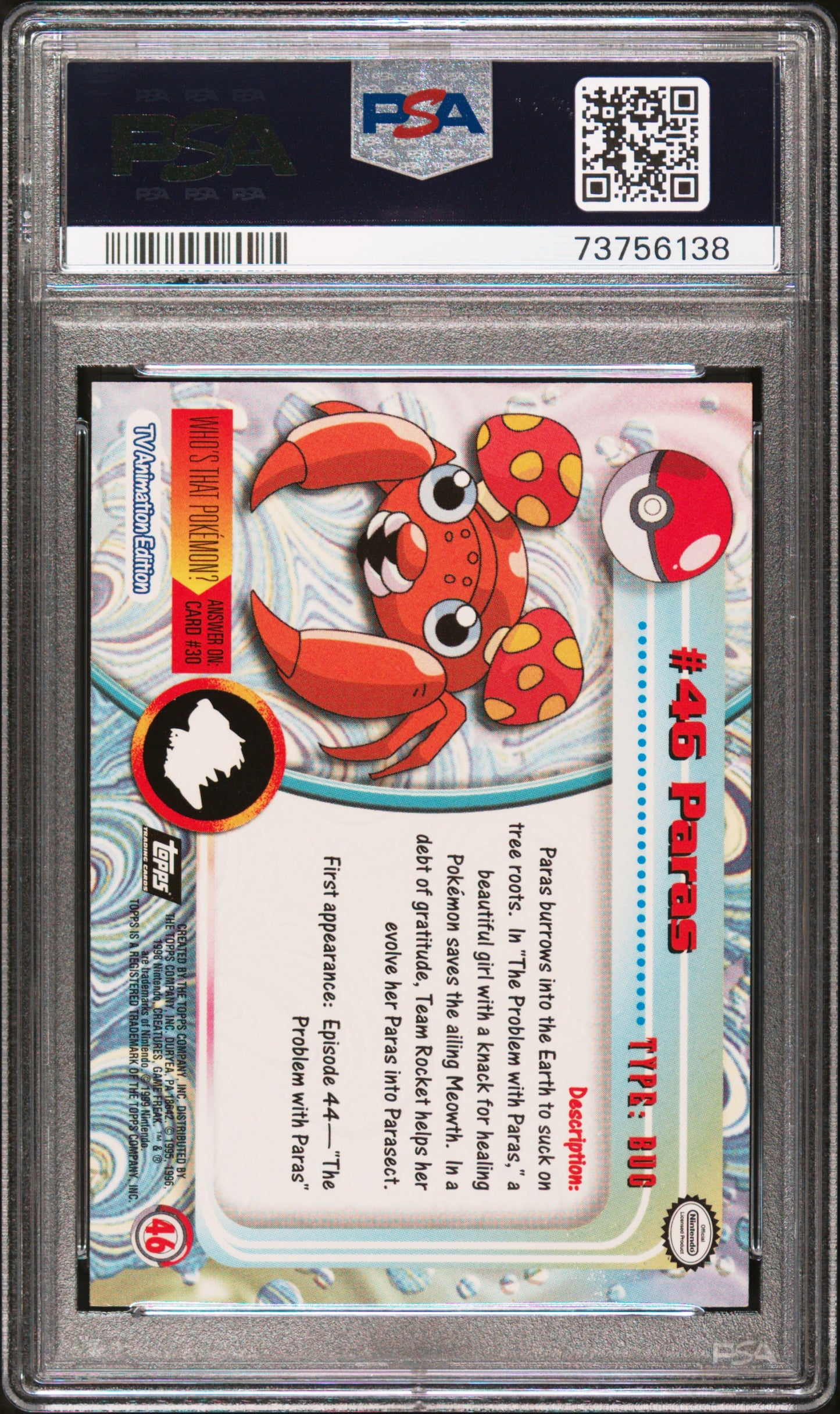 1999 Topps Pokemon Tv #46 Paras PSA 9