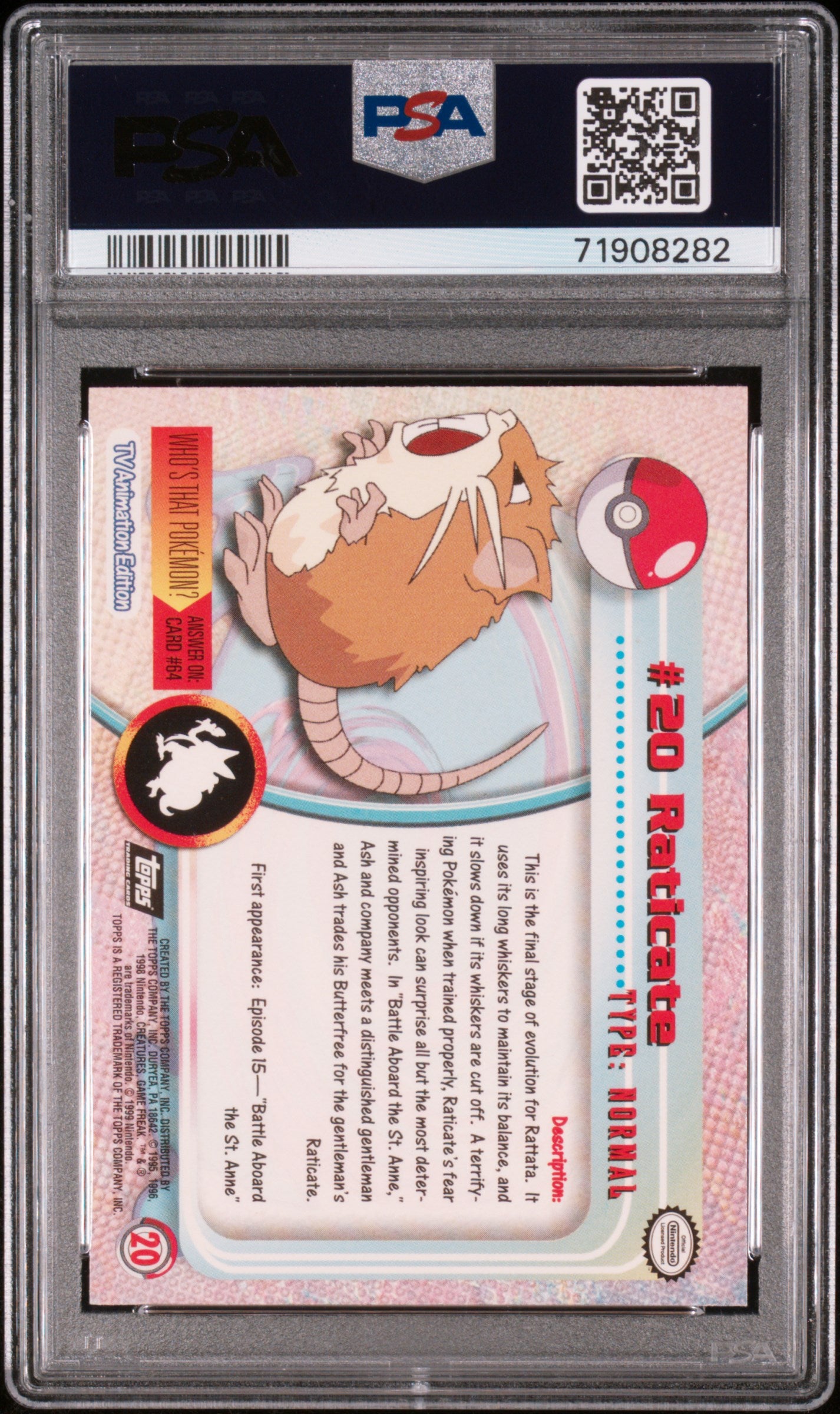 1999 Topps Pokemon Tv #20 Raticate Foil PSA 9