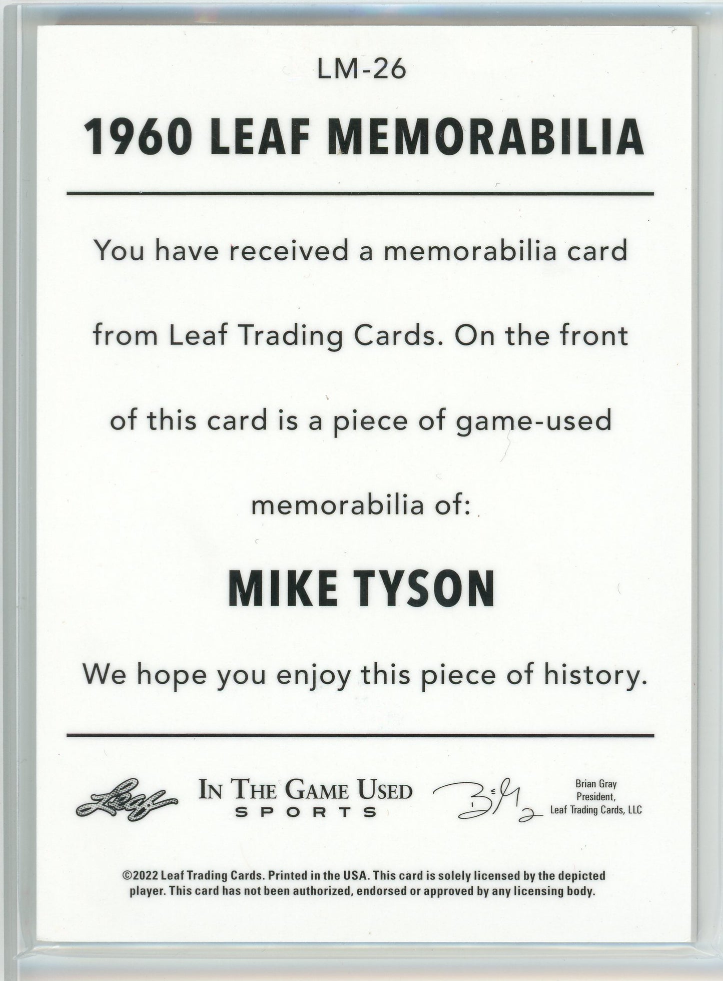 2022 Leaf Memorabilia #LM-26 Mike Tyson 1960 In The Game Used Red /3