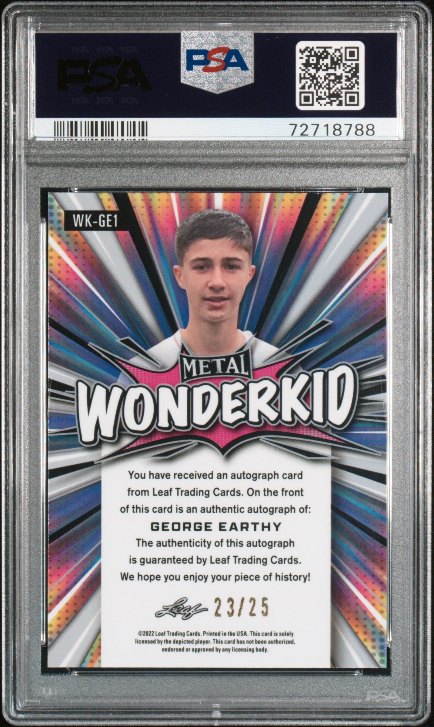 2022 Leaf Metal Wonderkid Autographs #WKGE1 George Earthy Wndrkd.Au-Blu.Prismatic PSA 10