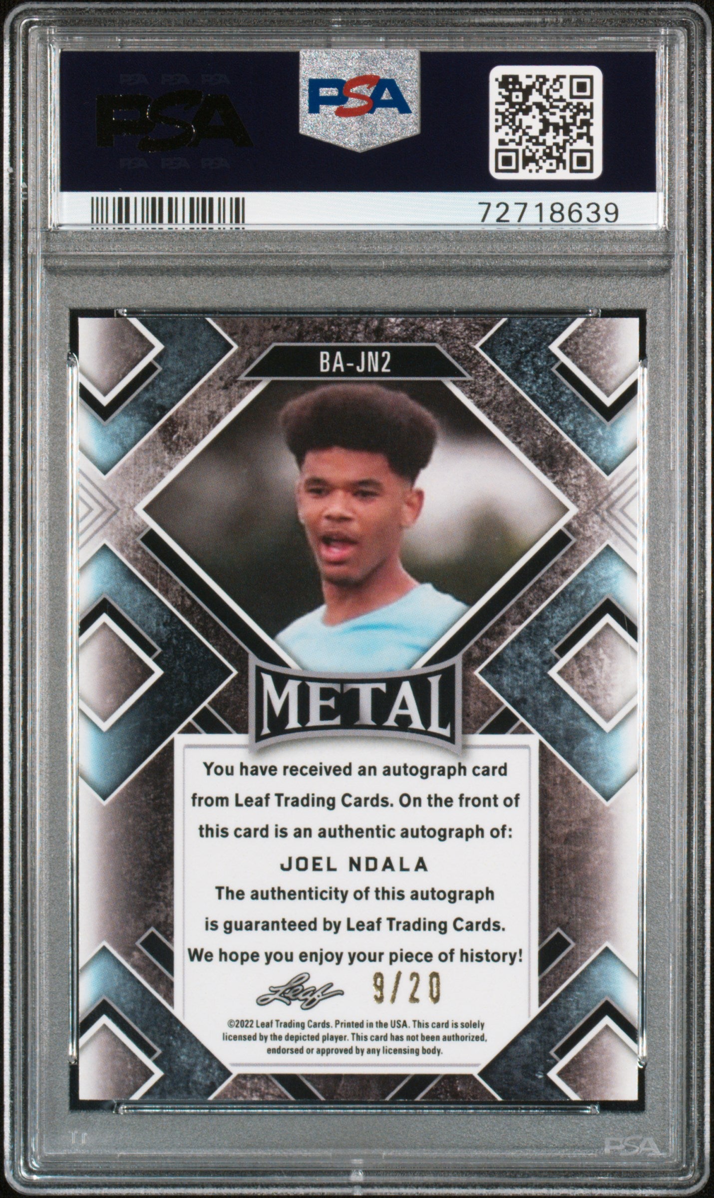 2022 Leaf Metal Autographs #BAJN2 Joel Ndala Auto-Blue Crystal PSA 10