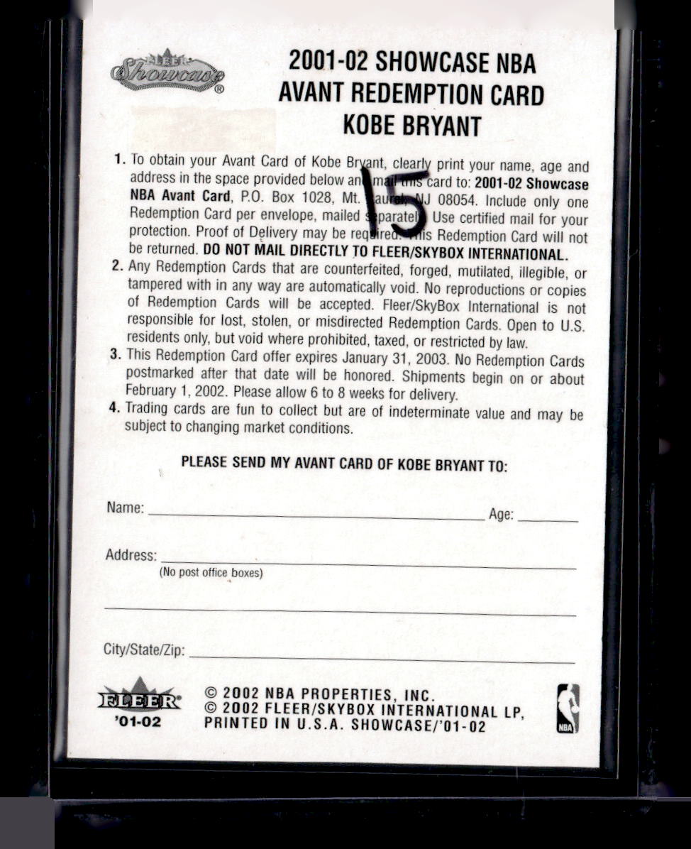 2002 Fleer Auant Redemption Card Kobe Bryant