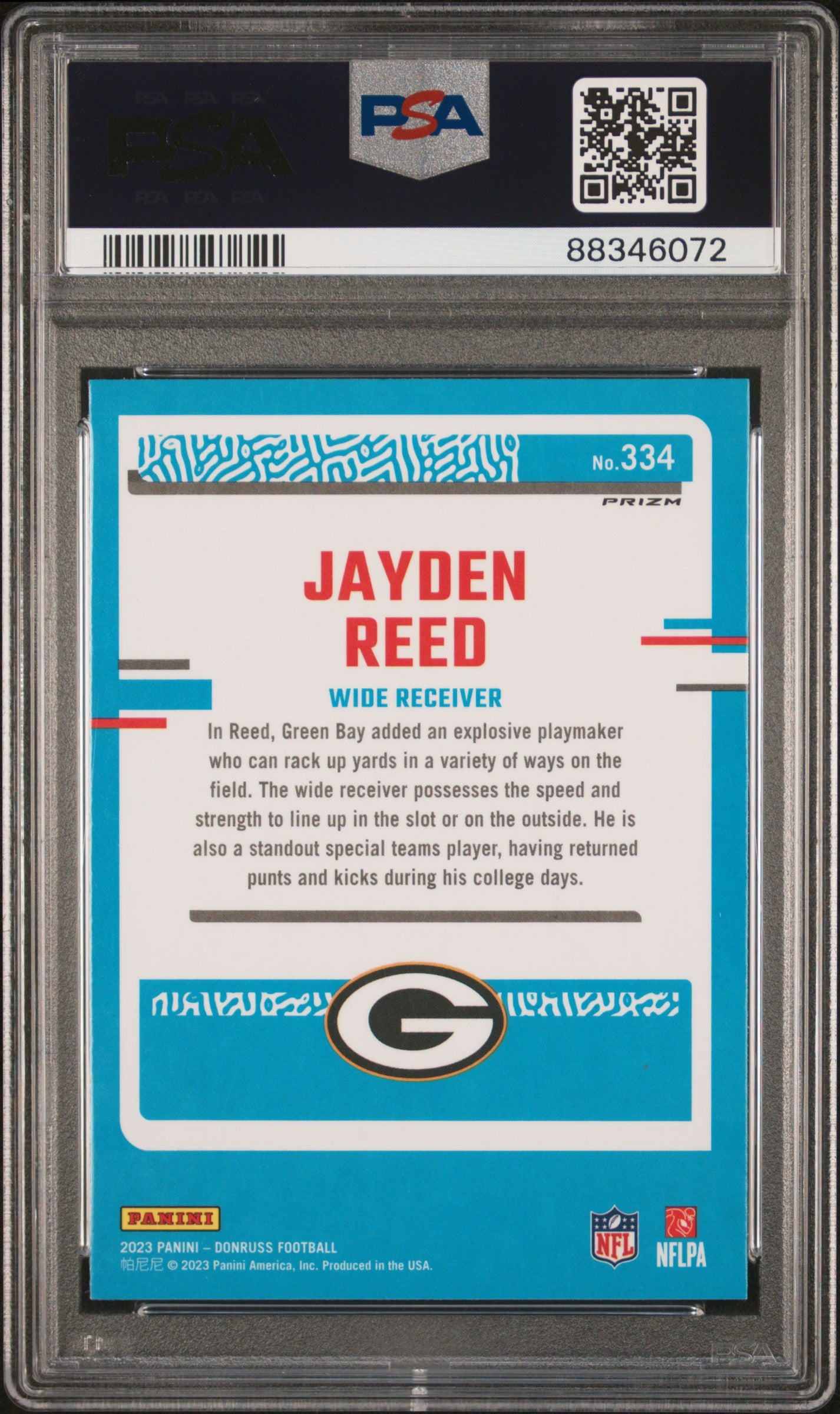 2023 Panini Donruss #334 Jayden Reed Optic Preview-Holo PSA 9
