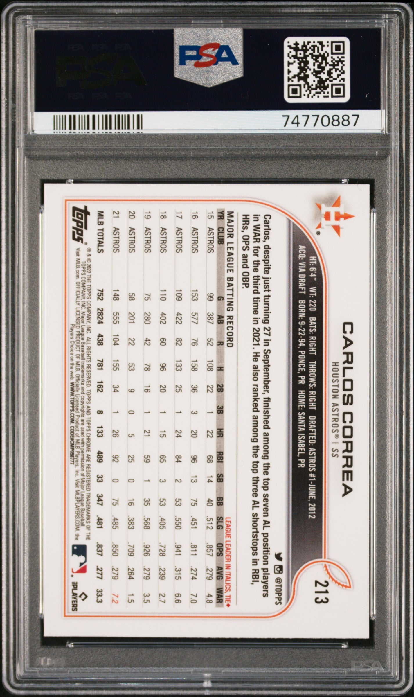 2022 Topps Chrome Ben Baller #213 Carlos Correa PSA 9