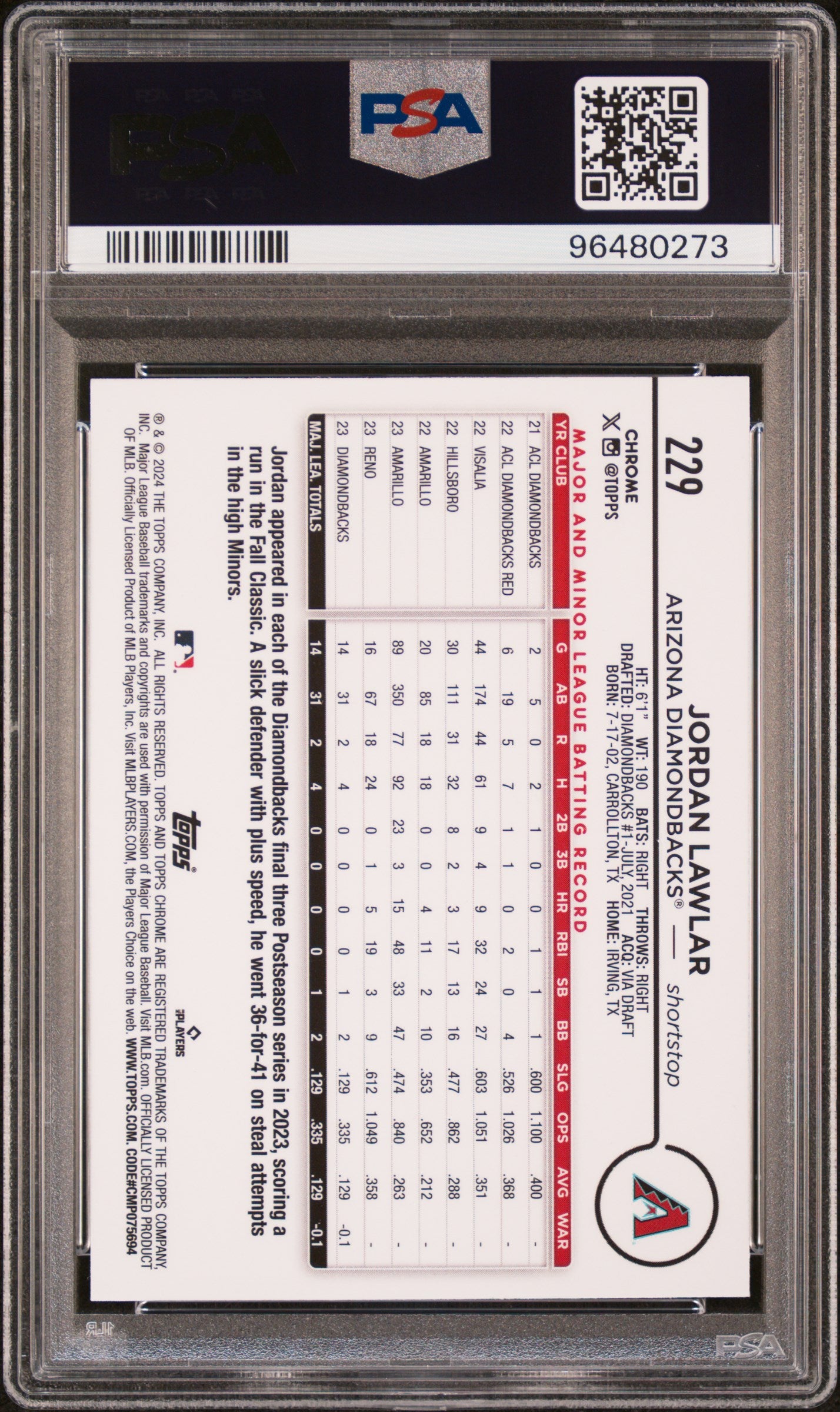 2024 Topps Chrome #229 Jordan Lawlar Prism Refractor PSA 10