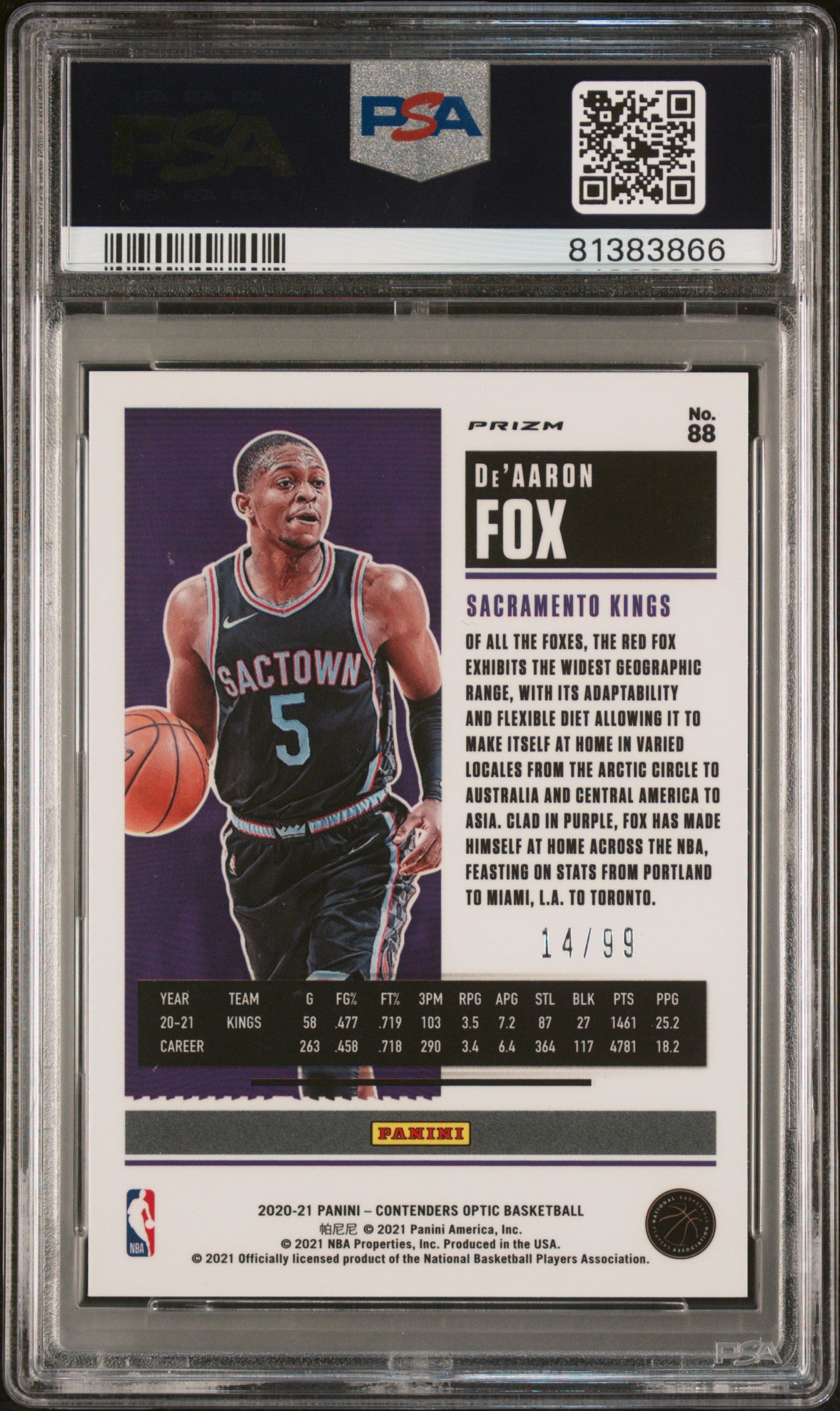 2020 Panini Contenders Optic #88 De'Aaron Fox Blue PSA 10