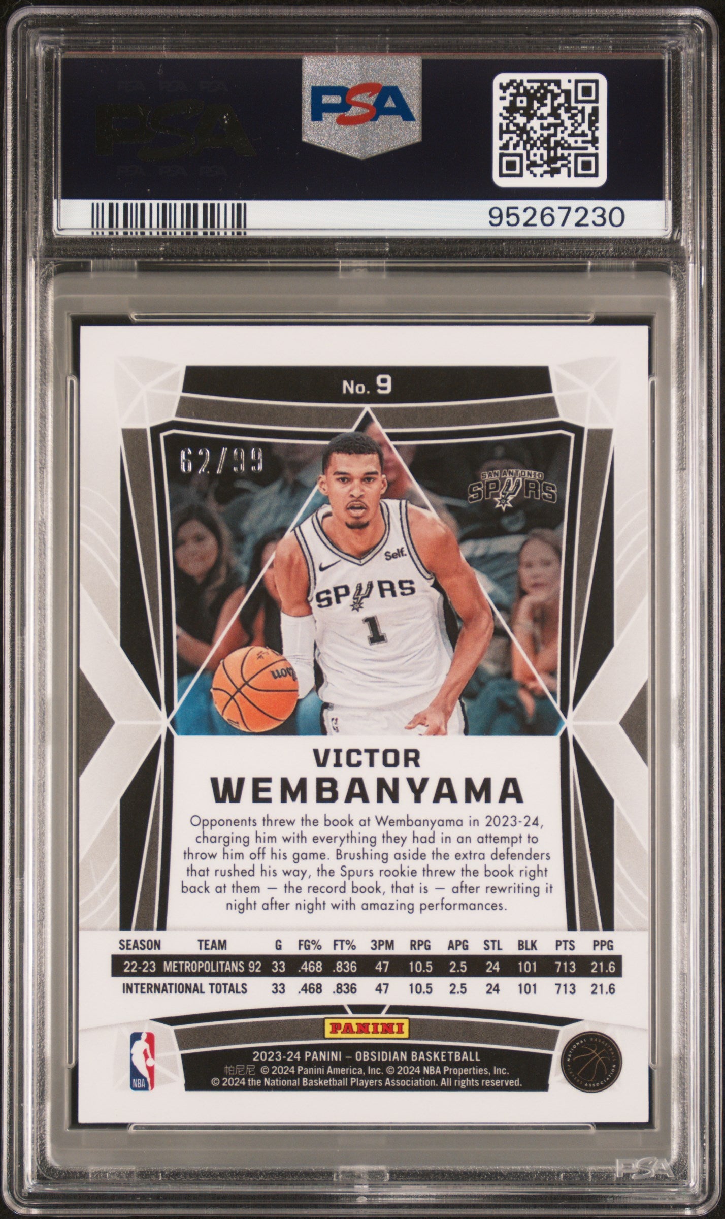 2023 Panini Obsidian #9 Victor Wembanyama Electric Etch Orange Flood PSA 10